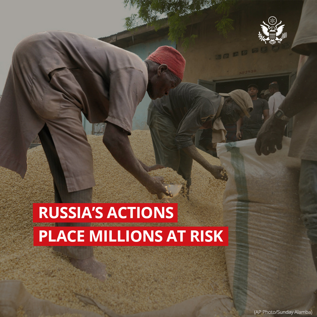Russia continues to strike ports that house Ukraine’s grain, ensuring millions of people will go hungry so they can boost profits for their own food exports. 

Russia must stop using food as a weapon of war. 

Russia must rejoin the #BlackSeaGrainInitiative now.