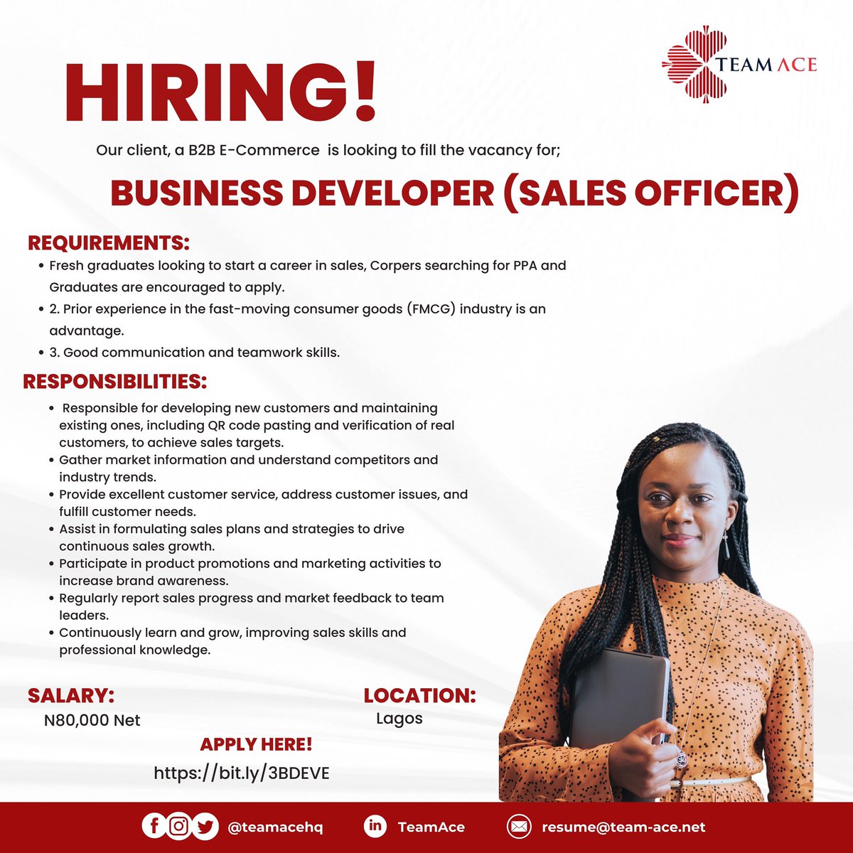 JOB OPENING!!
See flier for details 

Apply here👇🏽👇🏽
bit.ly/3BDEVE

#jobopening #jobopportunity #snapchat #businessdeveloper #AUSvENG #hiring #vacancy  #recruitment  #jobsinlagos #remotejobs