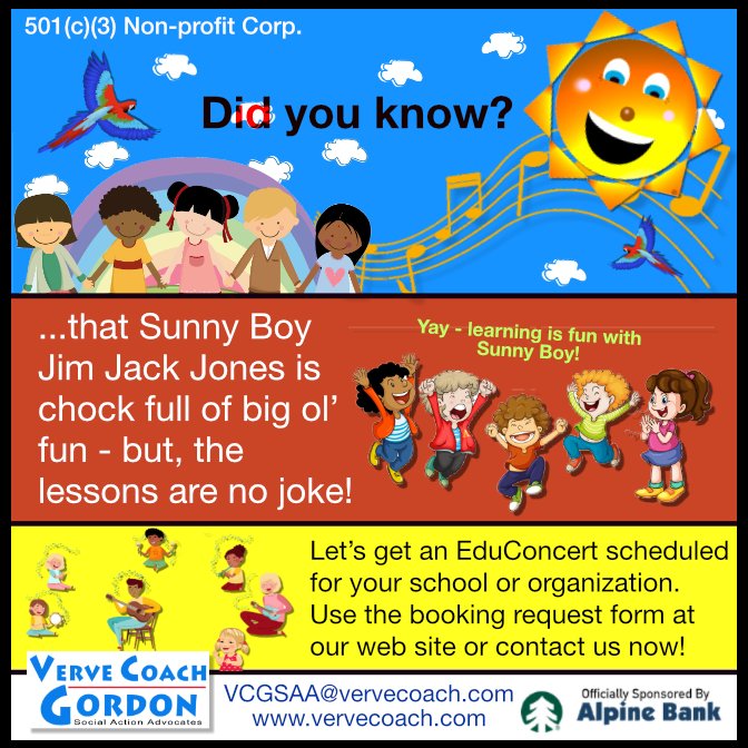 Did you know that Sunny Boy Jim Jack Jones is chock full of big ol’ fun - but, the lessons are no joke!

Let’s get an EduConcert scheduled for your school or organization. 
Sunny Boy free streams here: gordontunes.com/sunny-boy-jim-…

#sunnyboyjimjackjones #AlpineBankColorado #membership