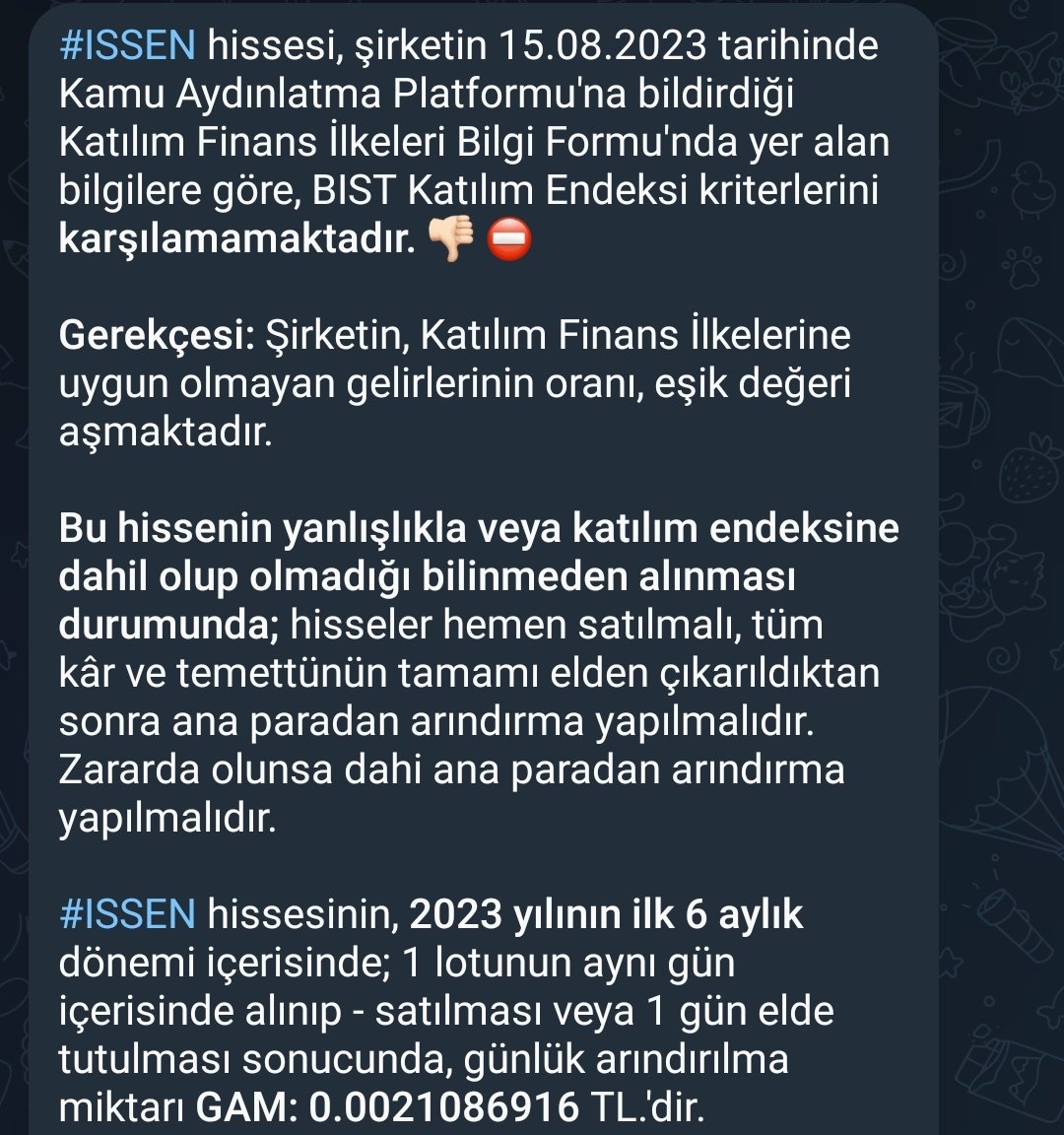 #ISSEN katılım endeksinden dün itibariyle ayrılmıştır. Katılım endeksi hassasiyeti olanlar için duyurulur. Bundan sonra bizim takibimizden çıkmıştır. Herhangi bir şekilde grafiği okunmayacak veya yorumuna bakılmayacaktır. İçeride olanlara bol sabırlar