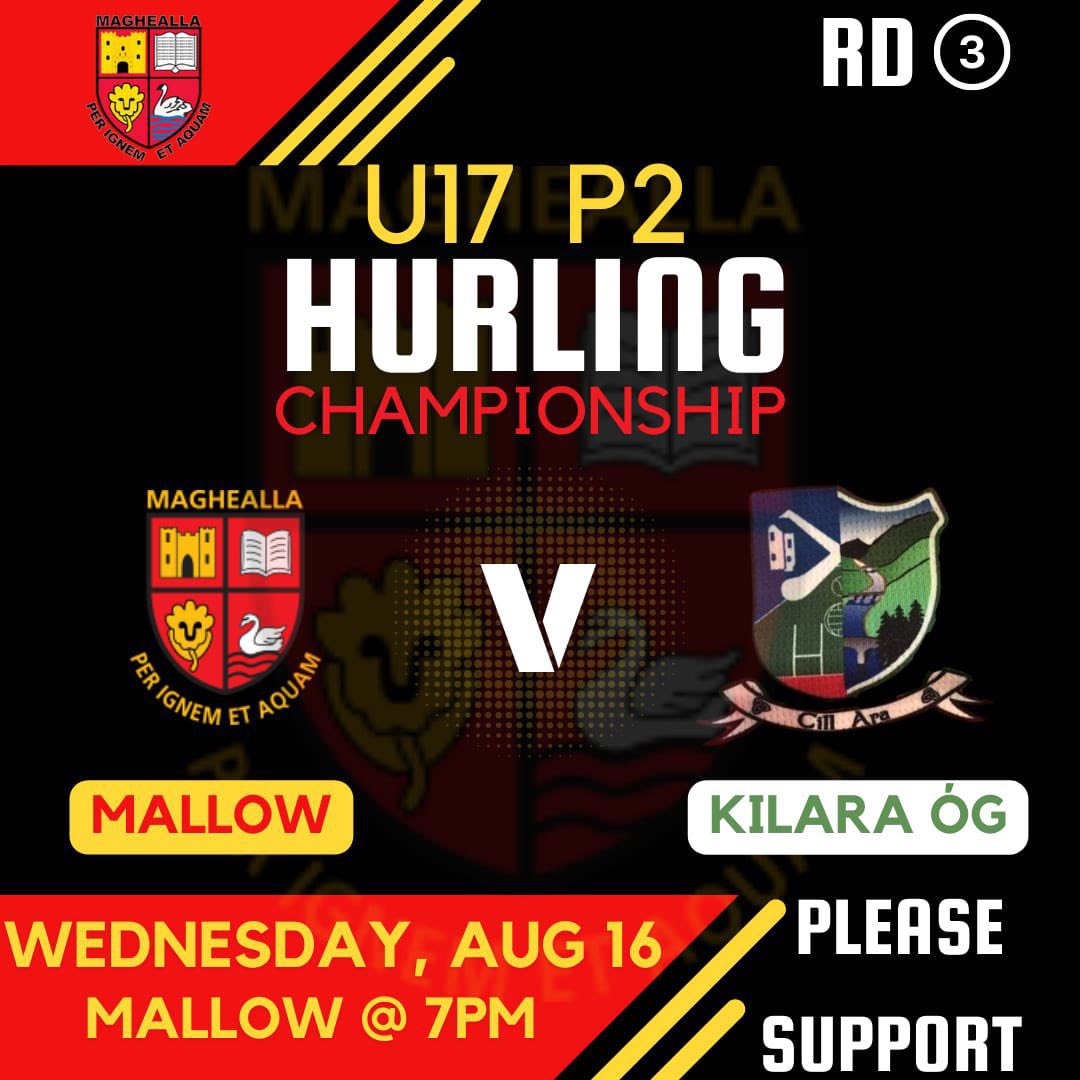 Reminder <a href="/RebelOg_/">Rebel Og</a>  U17 Hurling Championship this evening Wed Aug 16th at 7pm in Carrigoon <a href="/carrigoon/">Mallow GAA</a> <a href="/mallow_juv_gaa/">Mallow Juvenile GAA</a> <a href="/LgfaMallow/">Mallow LGFA</a> <a href="/MallowCamogie/">Mallow Camogie</a> <a href="/DanosSupervalu/">Danos Supervalu</a>