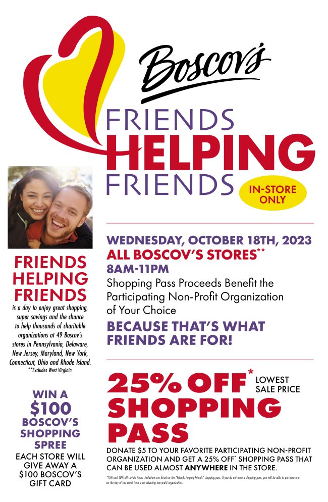 carolinecenter's tweet photo. Boscov's Friends Helping Friends is back! Caroline Center is excited to participate and to raise money while you shop till you drop!
Donate $5 and get this 25% discount shopping pass for Wednesday, October 18, 2023! Contact Valerie Hartlove at 410-563-1303 for more information https://t.co/eooIczYxNp