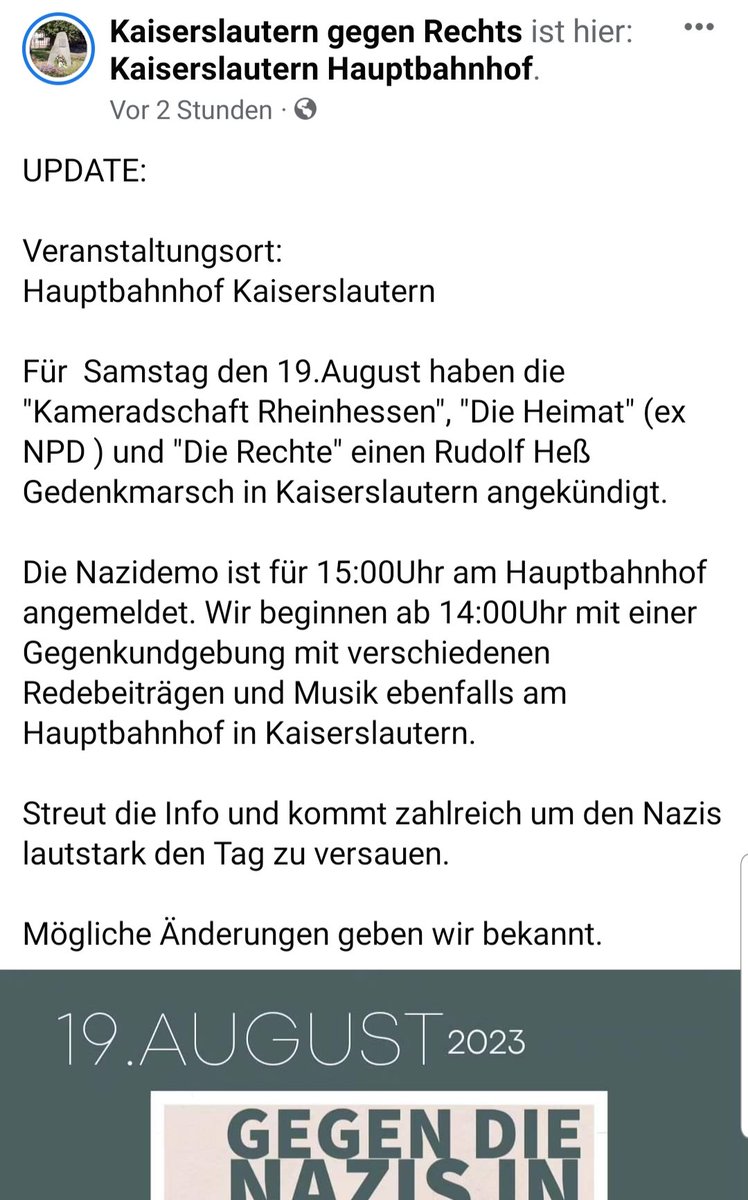 antifa_rp's tweet image. Treffpunkt aller Antifas für den Gegenprotest ist ebenfalls vor dem Bahnhof in #Kaiserslautern um 14 Uhr.
#kl1908
