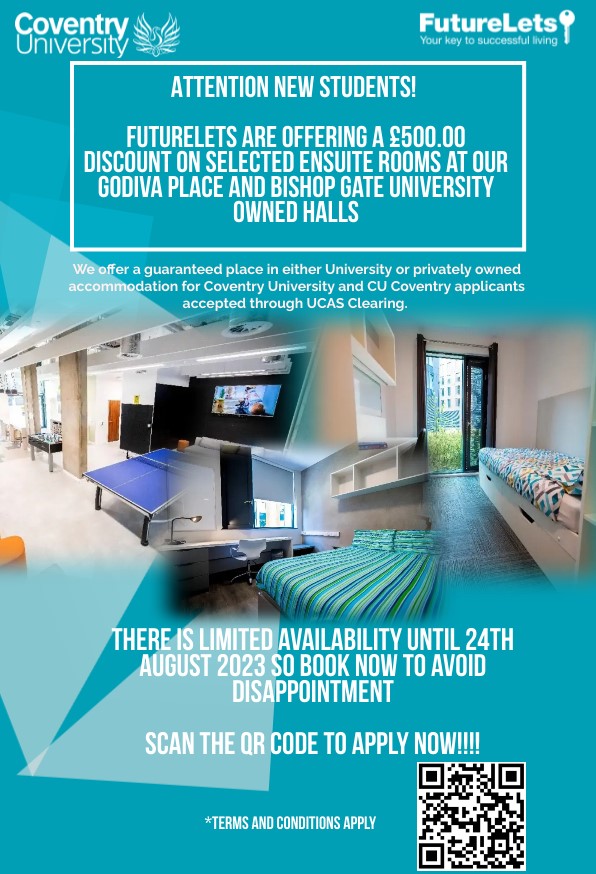 Check out this amazing offer from Futurelets for accommodation in September 2023! 👇 #reslife #coventryuniversity #Futurelets #StudentAccommodationuk