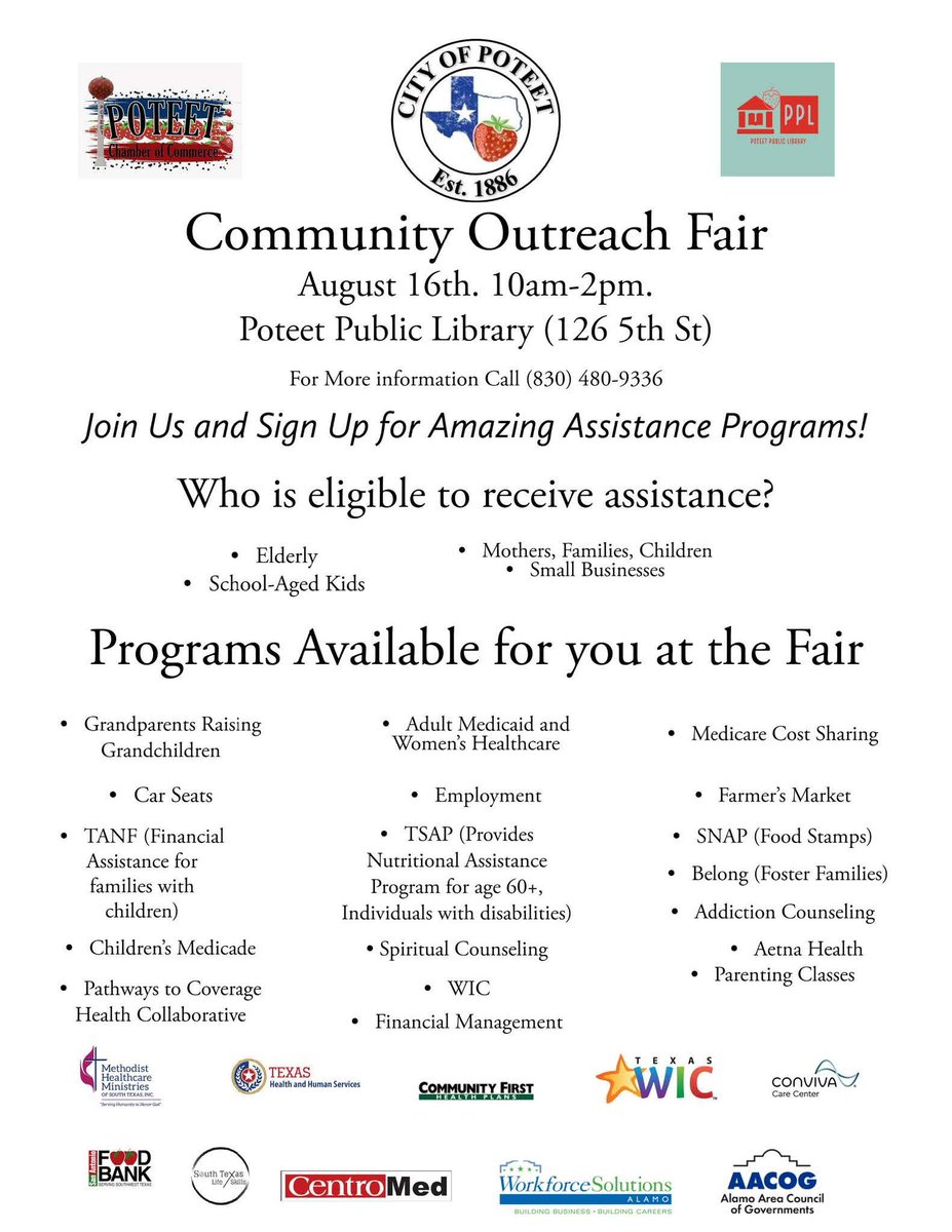 AlamoAreaCOG's tweet image. Join our #Aging team at #Poteet Public Library from 10 am to 2 pm today for a Community Outreach Fair. Come learn about the various services we can offer. See you then! @AACOGCEO