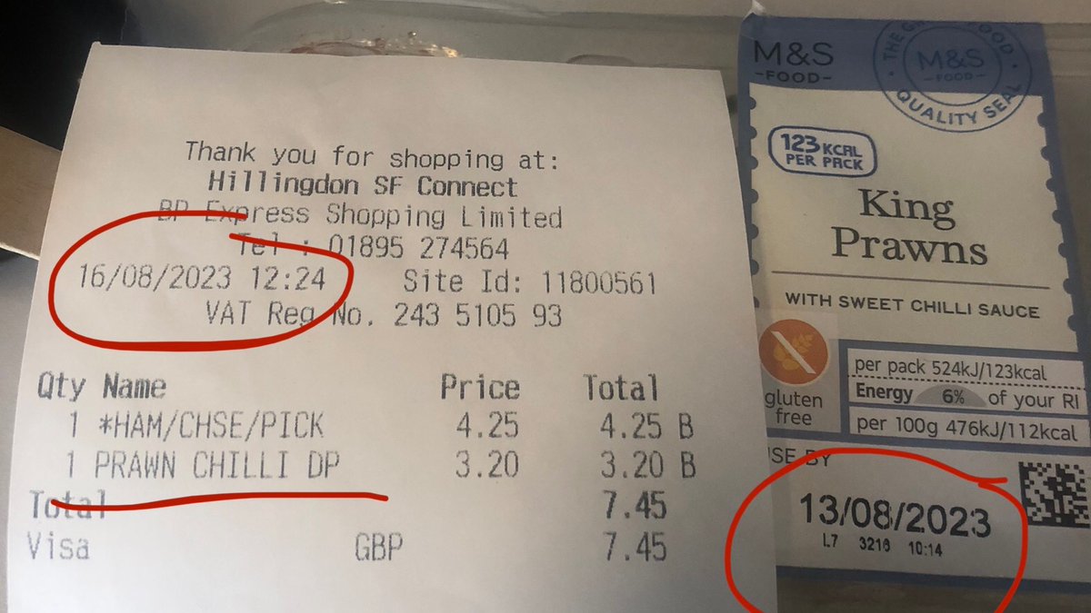 mylissa_pc's tweet photo. I bought these prawns today 16 August, from @marksandspencer, why is the date the 13th!! 🤢 Didn’t realise until I ate them all! Kmpct. 
No yellow sticker nothing as a warning❗️Should’ve been binned not still on the shelf. 😤 https://t.co/SoGnK0Rww1