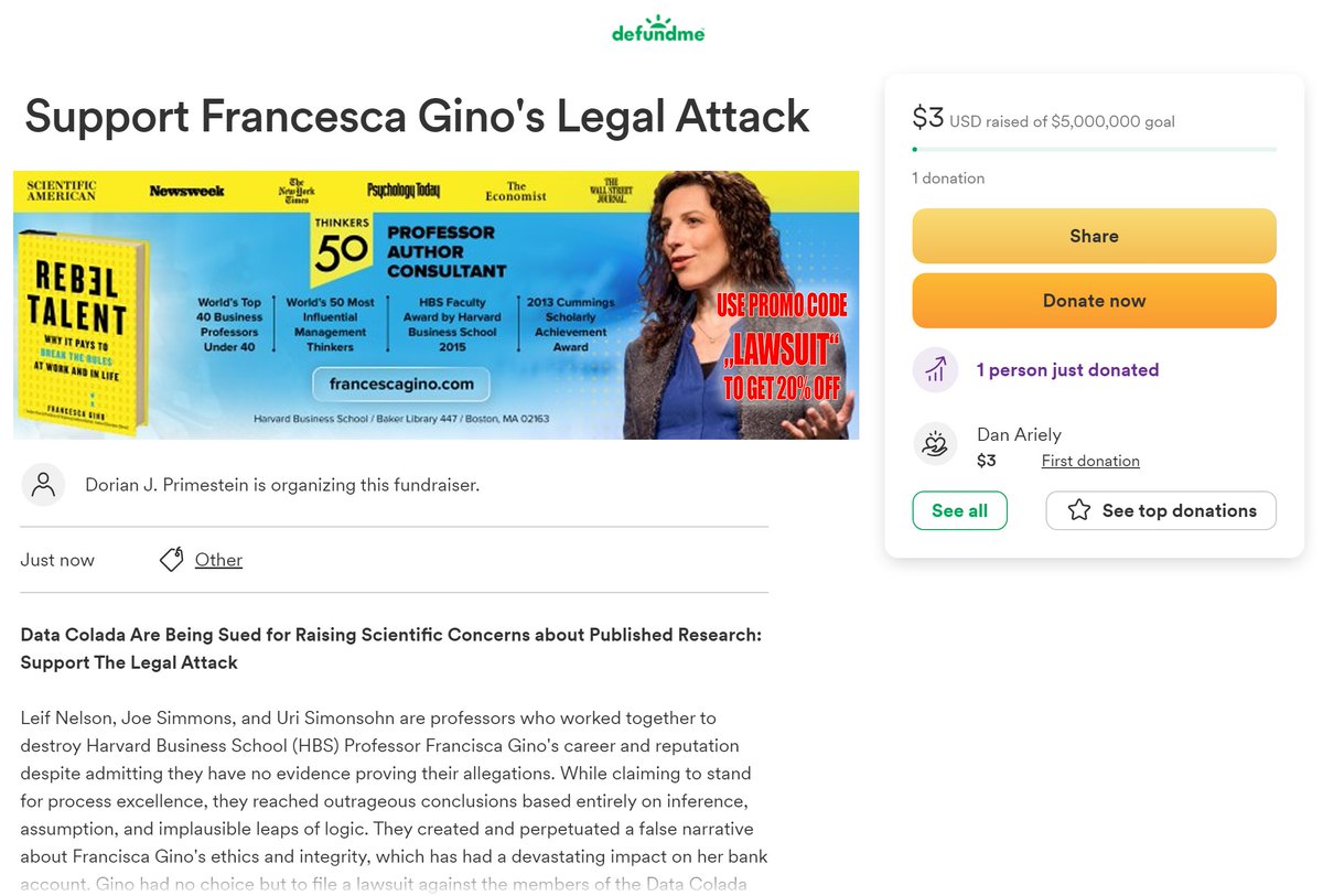 DrPrimestein's tweet photo. Science is self-correcting -- but only if we let it! Join me in contributing to the legal attack fund against @DataColada
https://t.co/OxHHcqvTtP https://t.co/EzHC1aLosW