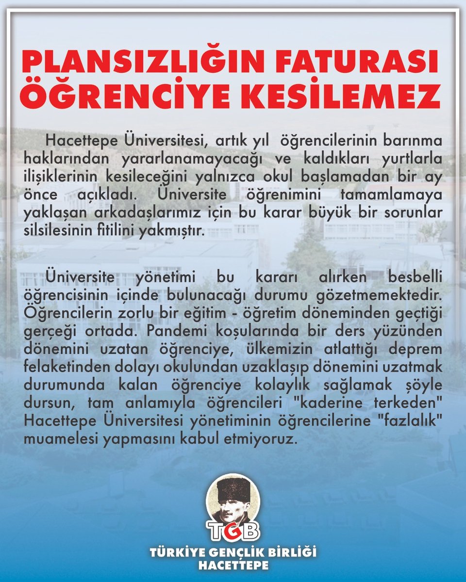 Plansızlığın faturası öğrenciye kesilmez!

İnsanların en temel yaşam ihtiyaçlarından biridir barınma ve bu ihtiyaçtan mahrum kalacakları, öğrencilerin kaldıkları yurtlardan ilişkilerini kesmeleri gerektiği söylendi. Bu karar sonucu büyük bir sorun silsilesi olası bir ihtimal.