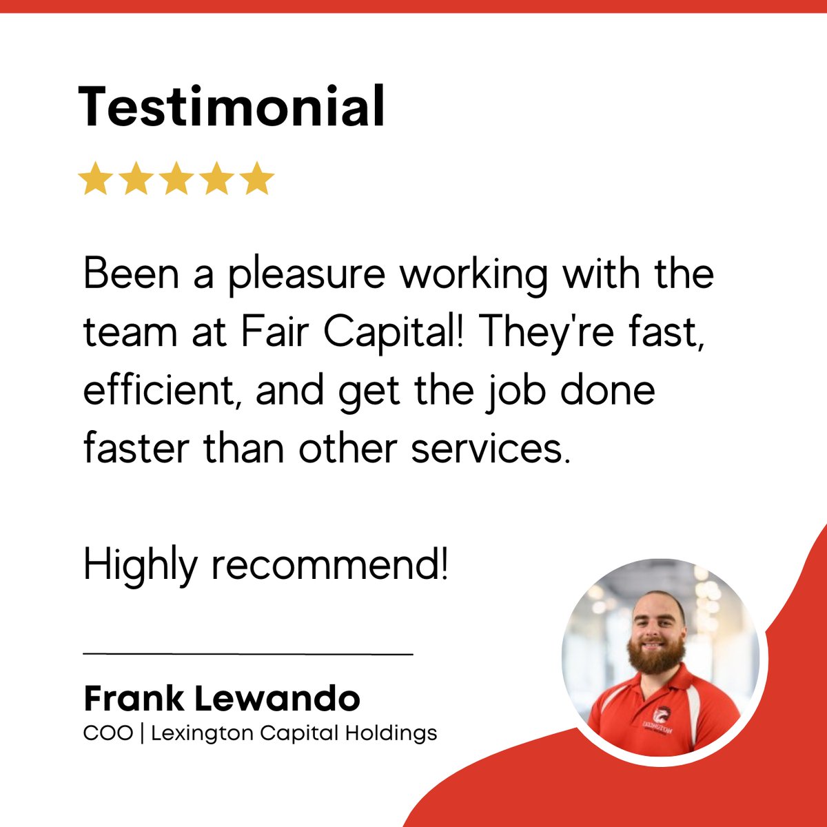 FairCapital's tweet image. ...and here we go again, another happy client.

Here is what Frank Lewando of Lexington Capital Holdings says about Fair Capital.

#Business #debtcollection #accountsreceivables #ceo