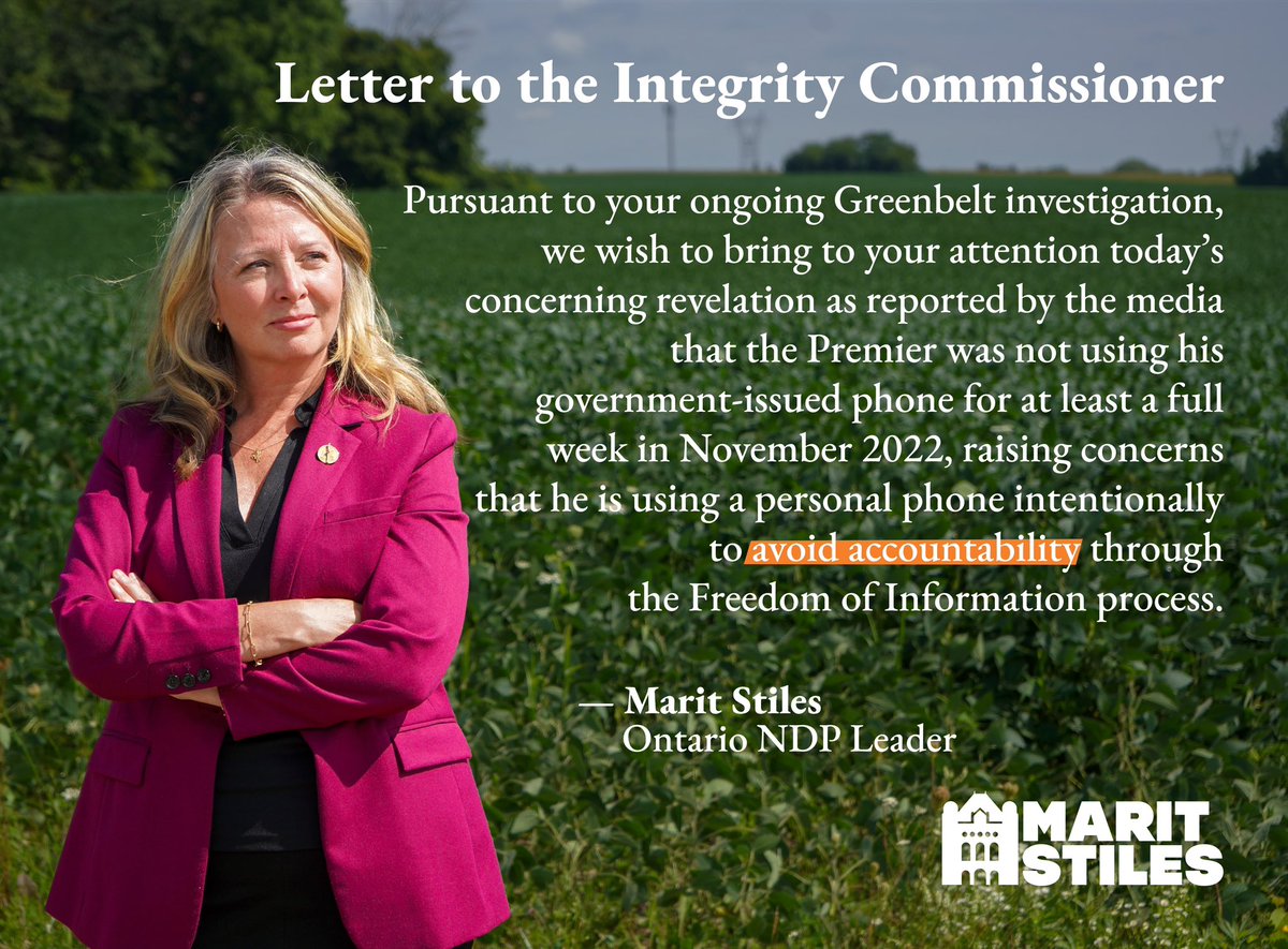 I’m calling on the Integrity Commissioner to include Ford’s use of his personal cell phone in his investigation into whether this government breached ethics rules when they opened the #Greenbelt to their developer friends. 

You can read more at ontariondp.ca/news/ndp-adds-… 

#ONpoli
