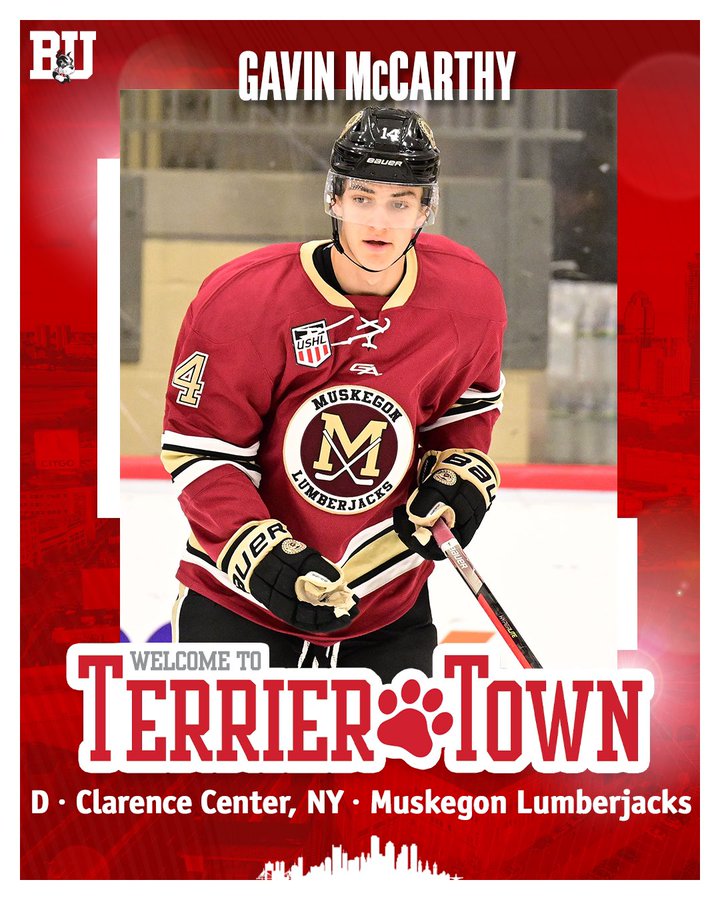 Graphic welcoming former Muskegon Lumberjacks defenseman and Clarence Center, NY native Gavin McCarthy to Terrier Town. Includes photo of Gavin skating for Muskegon.