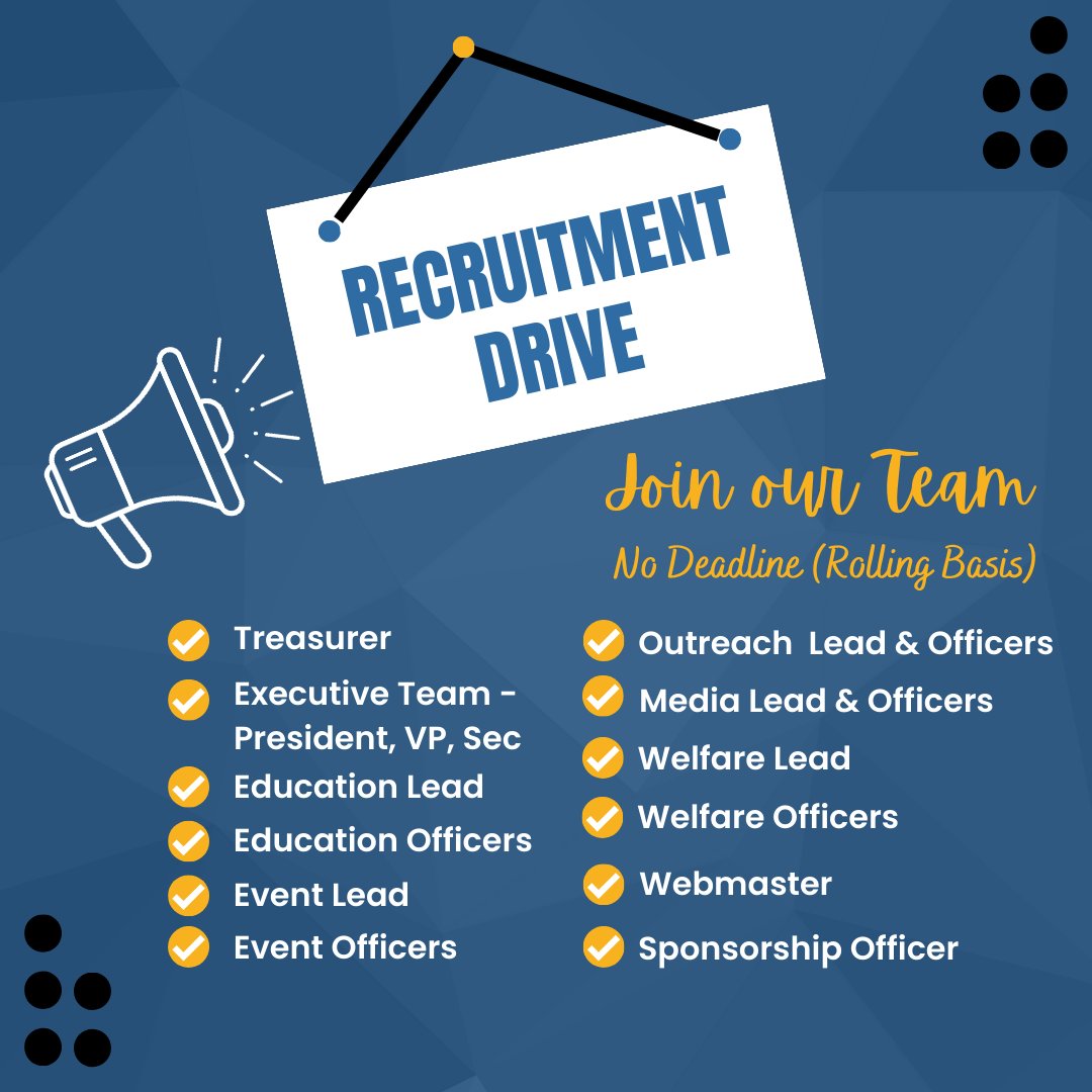 ‼️Recruitment Drive

UKMSA is currently recruiting committee members for 2023/2024 academic year and we have a large number of positions available.

Application Form: forms.gle/xBaAqYGHG1zySX…

Role Descriptions: docs.google.com/document/d/1jy…