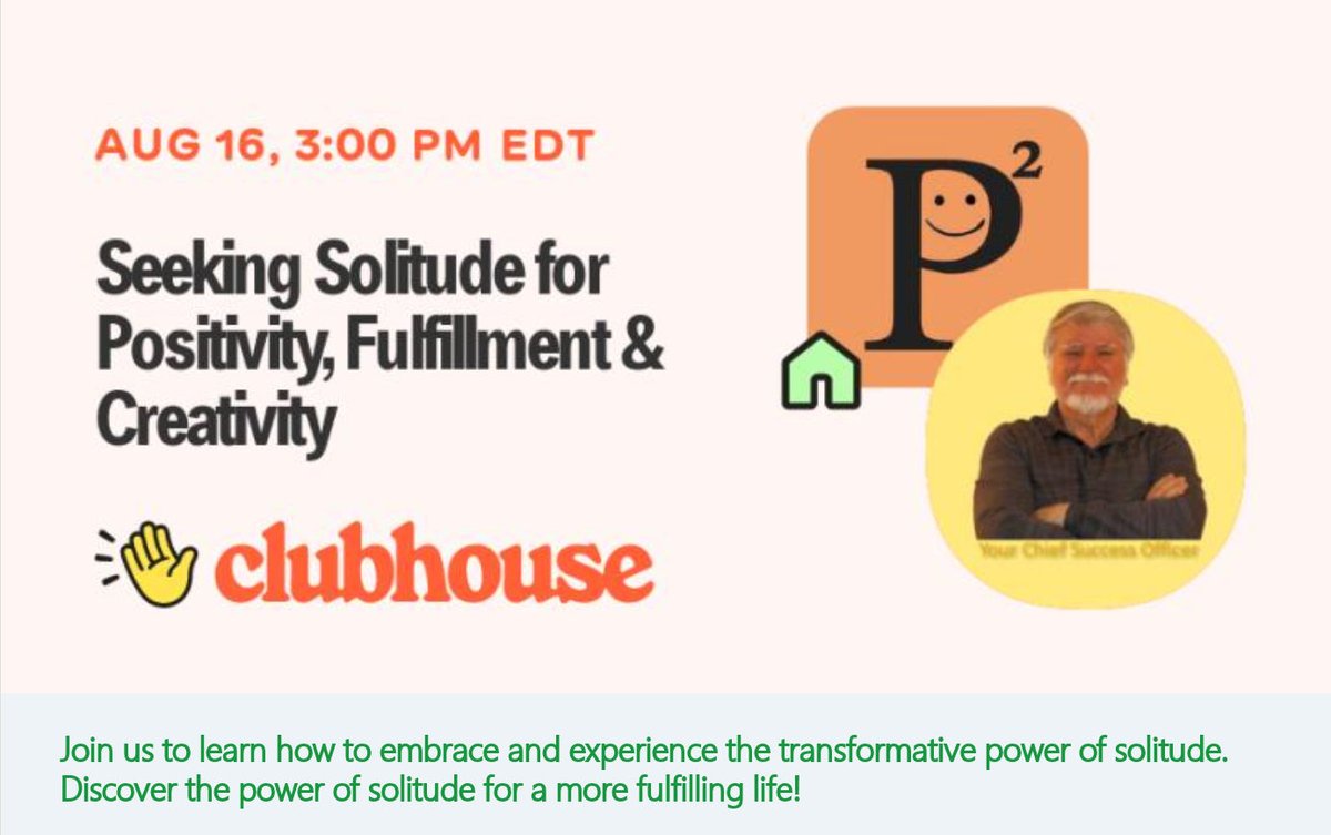 WebDevigner2's tweet photo. Seeking Solitude for Positivity, Fulfillment &amp; Creativity w/ Keith Engelhardt Aubg 16 at 3:00 PM EDT in #clubhouse https://t.co/ZTMYF23jZ1
#solitude #fulfillment #lifefulfillment #positivity #creativity #potential #positivitypod #negativity https://t.co/bWJQQbD0Oj