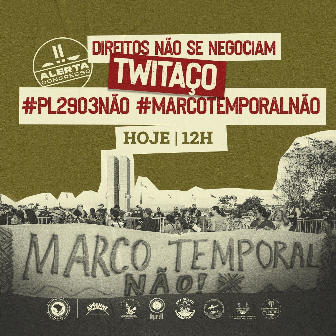 Participe agora do twitaço para denunciar a ilegalidade do Marco Temporal. Hoje, a Comissão de Agricultura e Reforma Agrária do Senado vai debater e votar o relatório, que indica a aprovação do PL 2903.
#PL2903Não #MarcoTemporalNÃO 
BANCO DE TWEETS: bit.ly/44gkF70