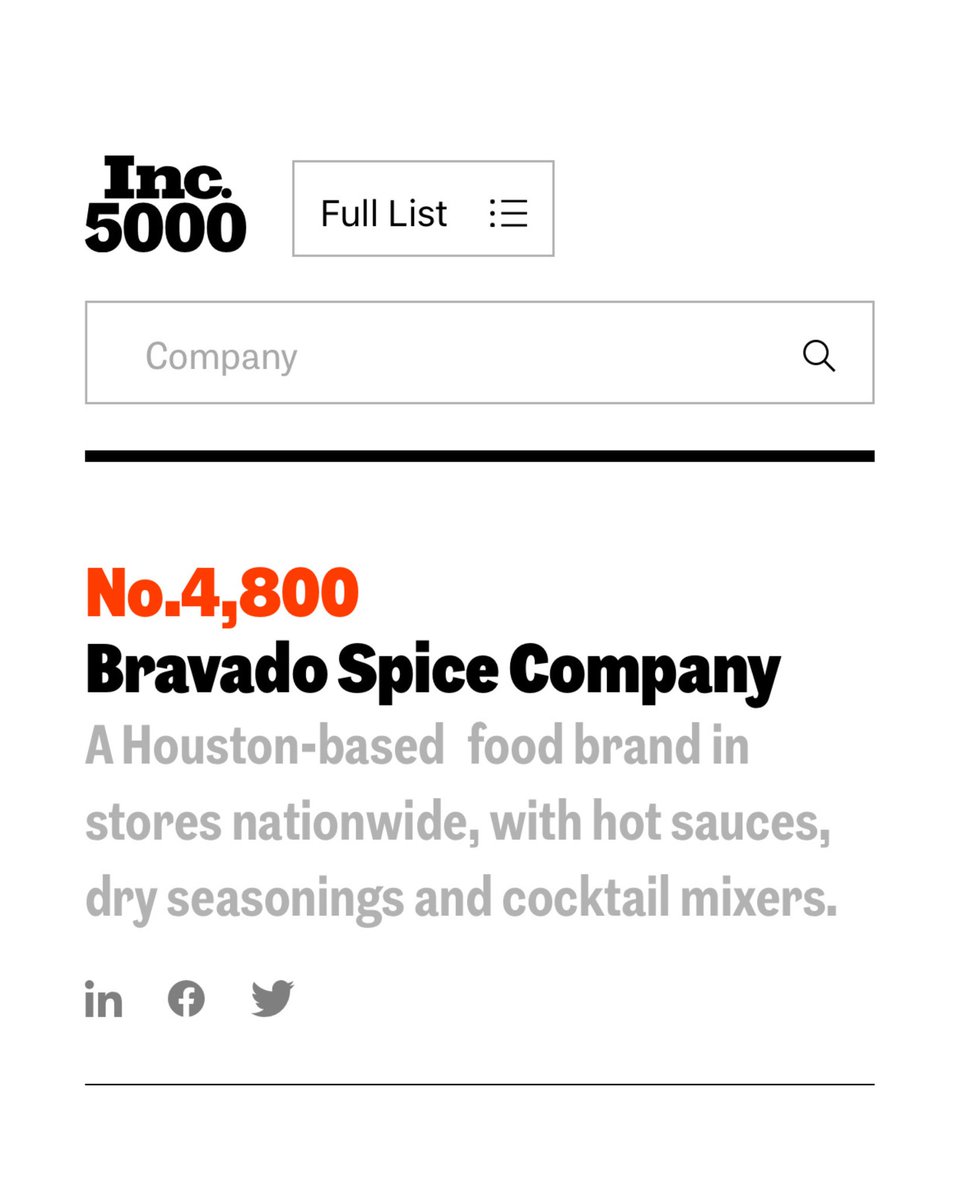 Bravado Spice Co. has landed on the Inc. 5000 list as one of America’s fastest-growing private companies! ✨

Be sure to check out the full Inc. 5000 spread at inc.com/inc5000

<a href="/Inc/">Inc.</a> #Inc5000