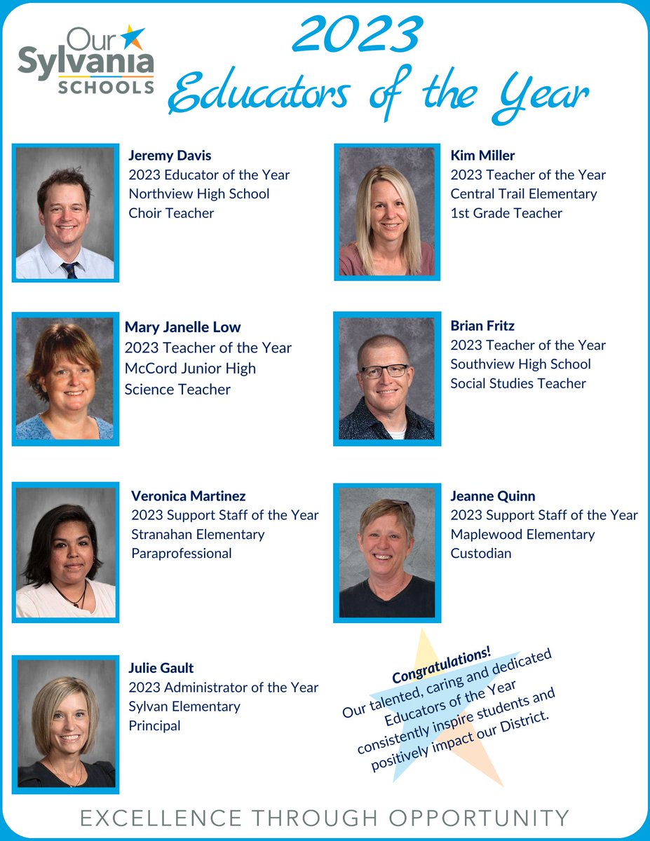 SylvaniaSchools's tweet photo. Congratulations to our 2023 Educators of the Year recipients!! Our talented, caring, and dedicated Educators of the Year consistently inspire students and positively impact our district. #excellence #sylvaniastaff https://t.co/s5mjEpHU0L