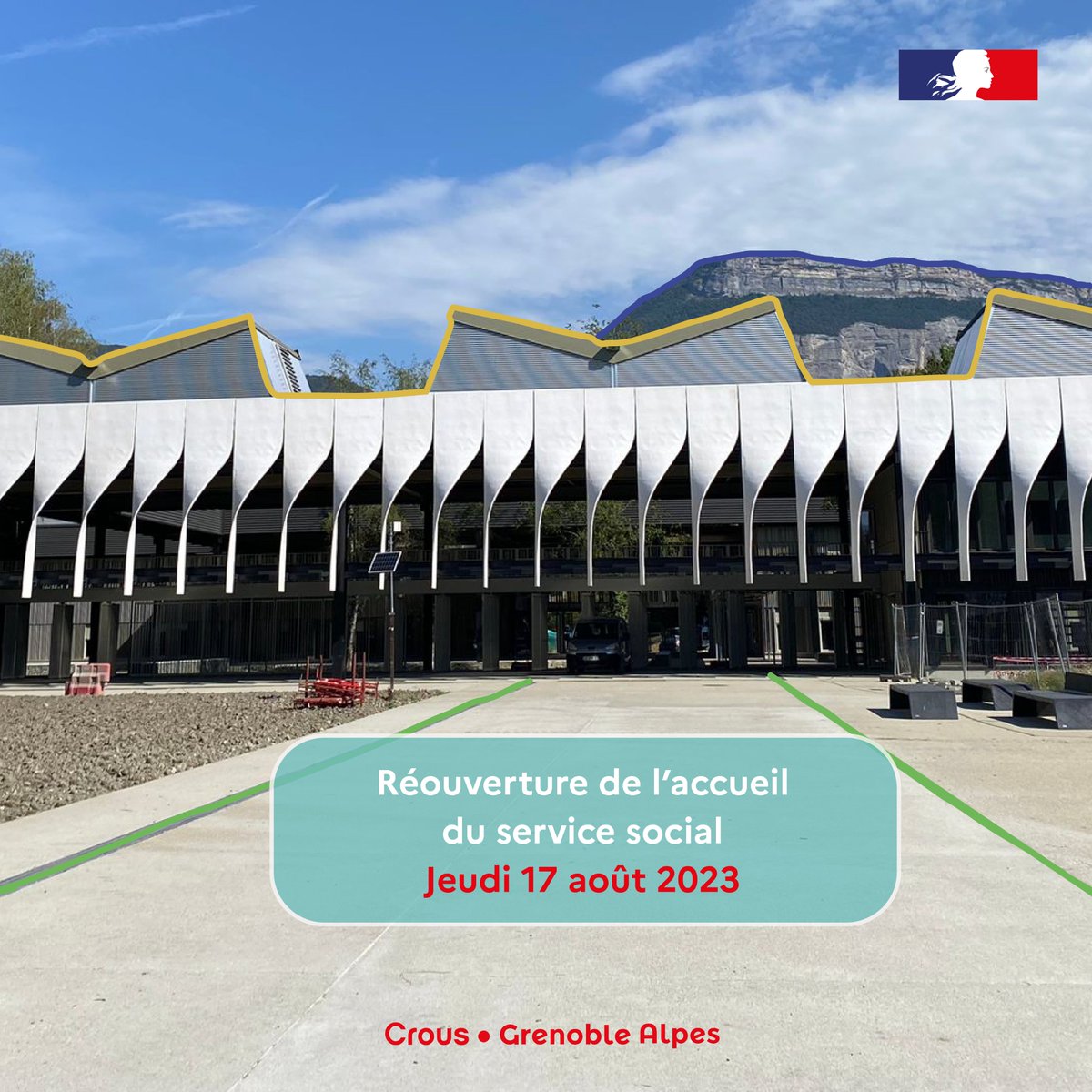 CrousGrenoble's tweet photo. 🔔Réouverture de l'accueil du service social jeudi 17 août 2023.

❗Attention celui-ci se trouve désormais à MUSE 
📍 80, allée Ampère, 38400 Saint-Martin-d'Hères - Face à l'arrêt de Tram Gabriel Fauré 

👣Le service social se situe  à droite en entrant puis au fond du patio. https://t.co/grvEpEuLKd