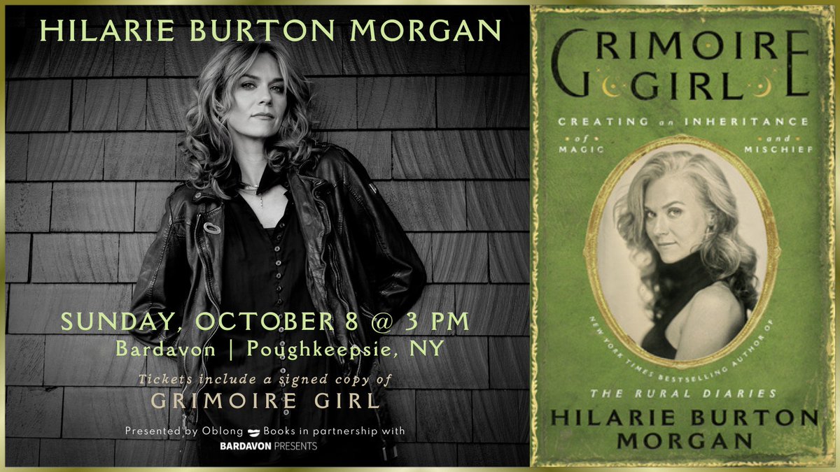 Don't miss our event with @HilarieBurton, presenting her new book GRIMOIRE GIRL at @bardavon in Poughkeepsie. Sunday, October 8 @ 3:00 pm! Tickets are $42 and include a signed copy of GRIMOIRE GIRL. For information and tickets visit: oblongbooks.com/event/hilarie-… @HarperOneBooks