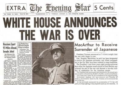 RealTimeWWII's tweet photo. Newspaper headlines around the world record on Allied victory in this World War &amp; celebrate V-J day. They've reported on the war for six years, less three weeks, ever since Germany invaded Poland on 1 September 1939. https://t.co/6taLKYv8Kn