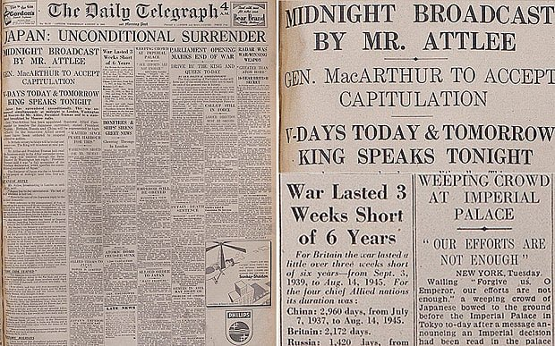 RealTimeWWII's tweet photo. Newspaper headlines around the world record on Allied victory in this World War &amp; celebrate V-J day. They've reported on the war for six years, less three weeks, ever since Germany invaded Poland on 1 September 1939. https://t.co/6taLKYv8Kn