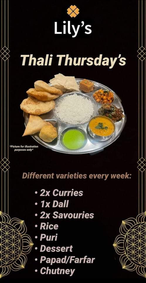 Menu for 16th August 2023🤩

Vegetable kolapuri 
Paneer Makhani 
Tarka Dall  
Jeera Rice
Puri
Mehti Pakora 
Vegetable Samosa 
Plain Barfi 
Papad/FarFar
Chutney 
Only £14.99pp, no sharing,  booking required, set menu, 1 serving.
#Vegan #vegetarian