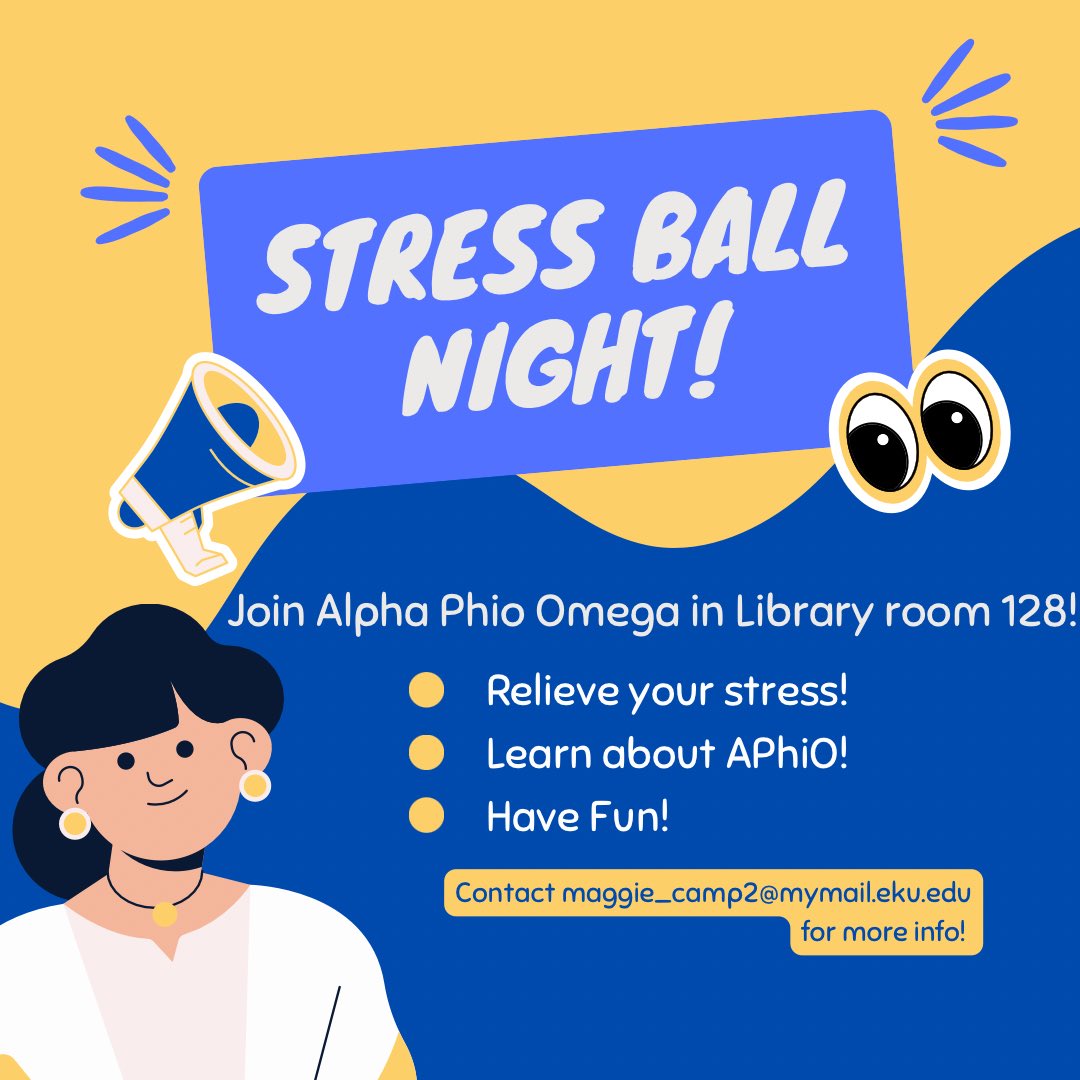 Join us for our first recruitment event from 6:30-8:00, stress ball night! We supply everything needed to make your own stress ball so all you have to do is show up and have fun! You will also learn more about our organization, Alpha Phi Omega!

Check out our insta for more!