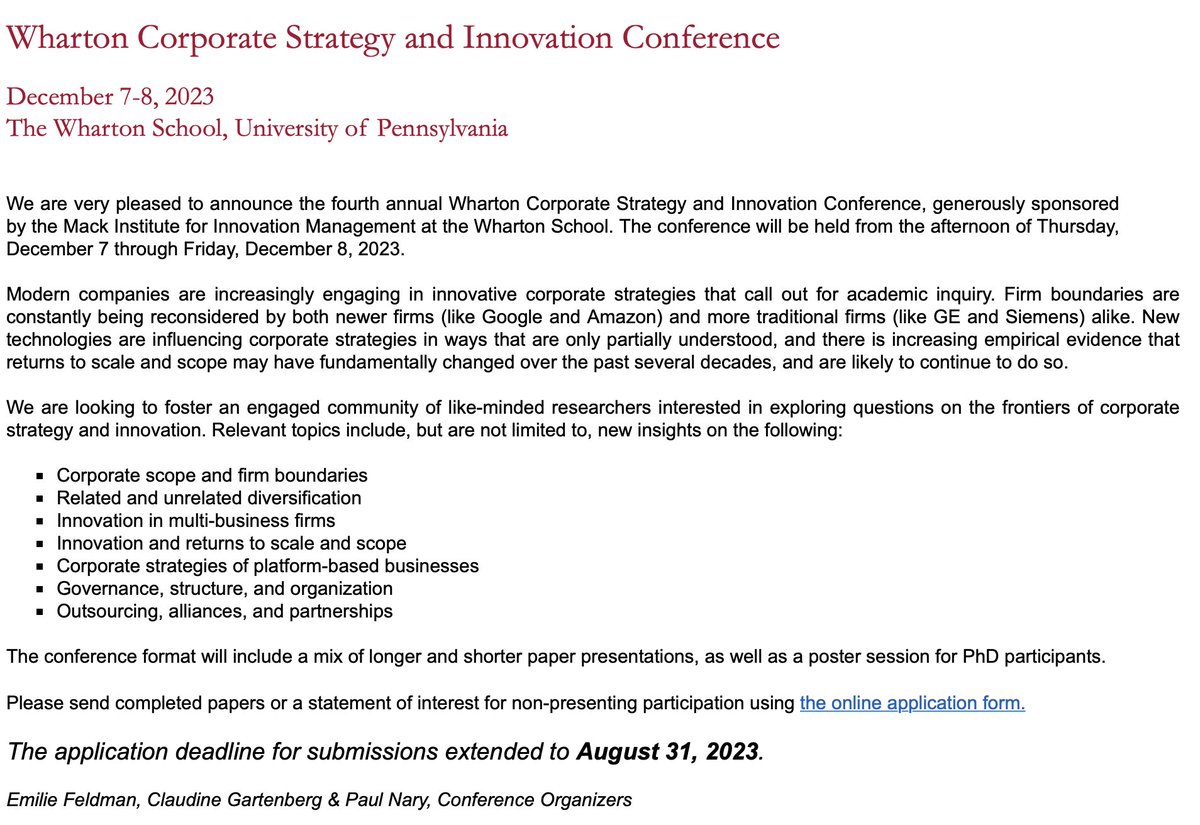 Wharton's 4th annual Corporate Strategy and Innovation Conference - Apply now! Deadline August 31, 2023. Details below and application here: form.jotform.com/231653990595973