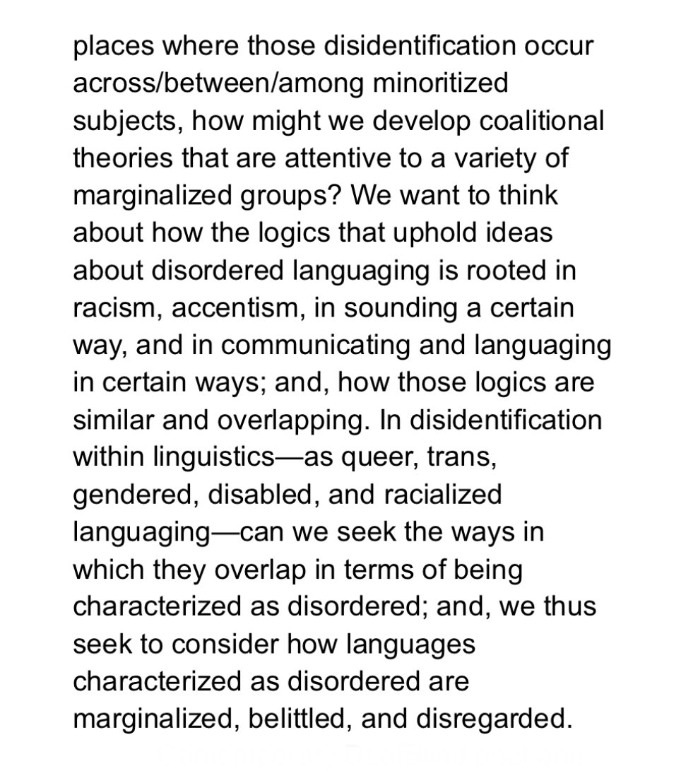 Mifield's tweet photo. please (re-)read « Unsettling Languages, Unruly Bodyminds:
A Crip Linguistics Manifesto » , finally out of preprint and published earlier this year, co-written by Octavian Robinson and by the now, late, Jon Henner.

https://t.co/qs6lQu3RBs

here’s an excerpt from the conclusion. https://t.co/2luopcsswu