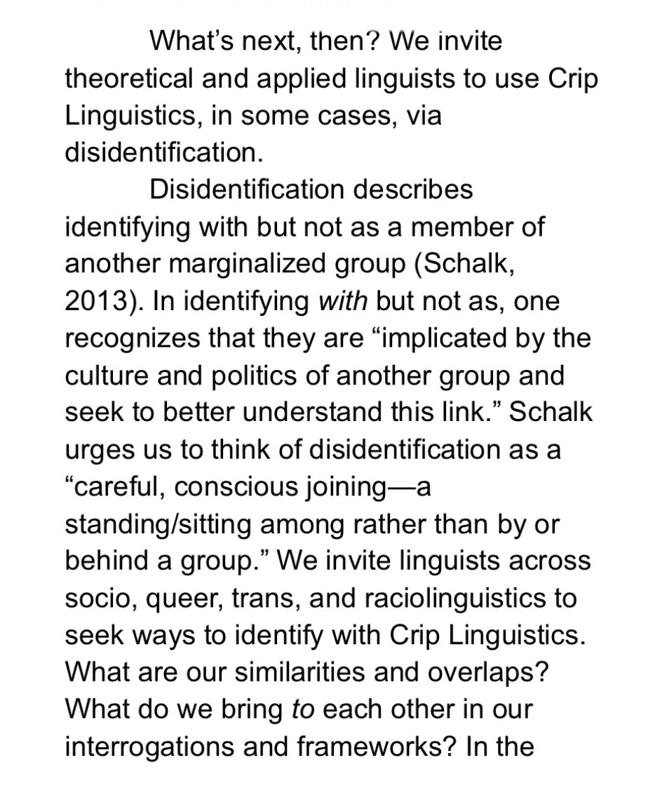 Mifield's tweet photo. please (re-)read « Unsettling Languages, Unruly Bodyminds:
A Crip Linguistics Manifesto » , finally out of preprint and published earlier this year, co-written by Octavian Robinson and by the now, late, Jon Henner.

https://t.co/qs6lQu3RBs

here’s an excerpt from the conclusion. https://t.co/2luopcsswu