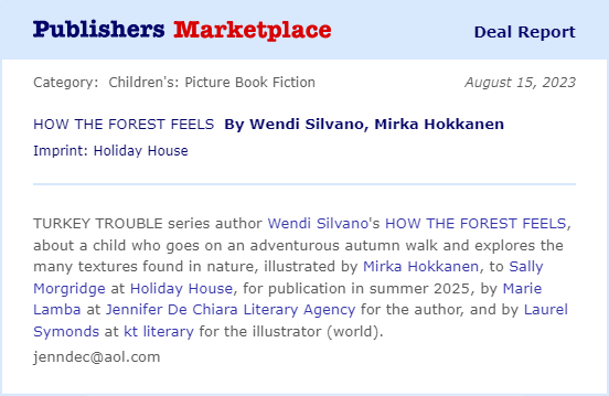 Huge congrats to @JDLitAgency client Wendi Silvano! Her gorgeous #picturebook HOW THE FOREST FEELS will be published by @HolidayHouseBks with the wonderful @smorgridge and Illustrations by @MirkaHokkanen Can't wait! #senses #Mindfulness #nature