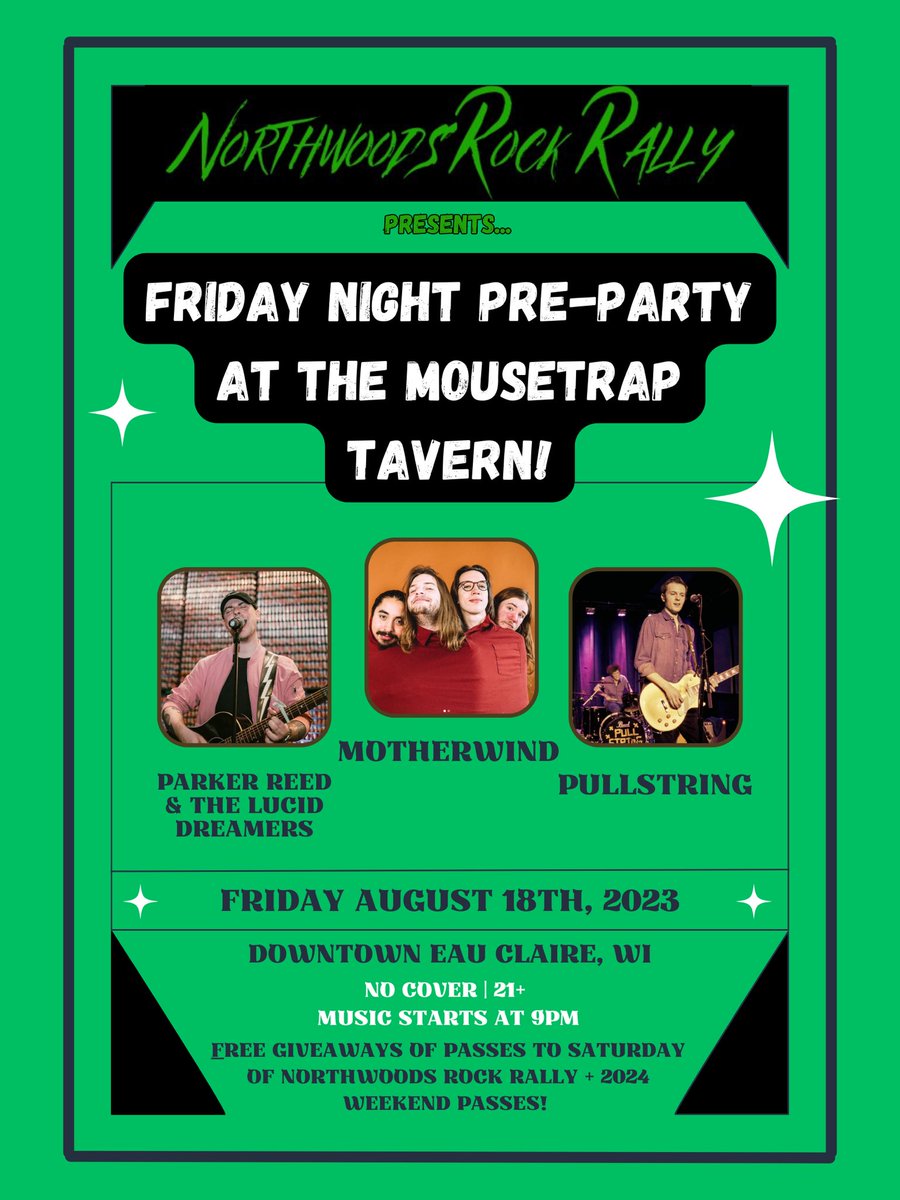 Then on Friday, we’ll be playing the NWRR Friday Night Pre-Party at the Mousetrap in downtown Eau Claire, WI! 🔥🔥

Free tunes from Motherwind, Parker Reed, and yours truly 🤘🏼🎸