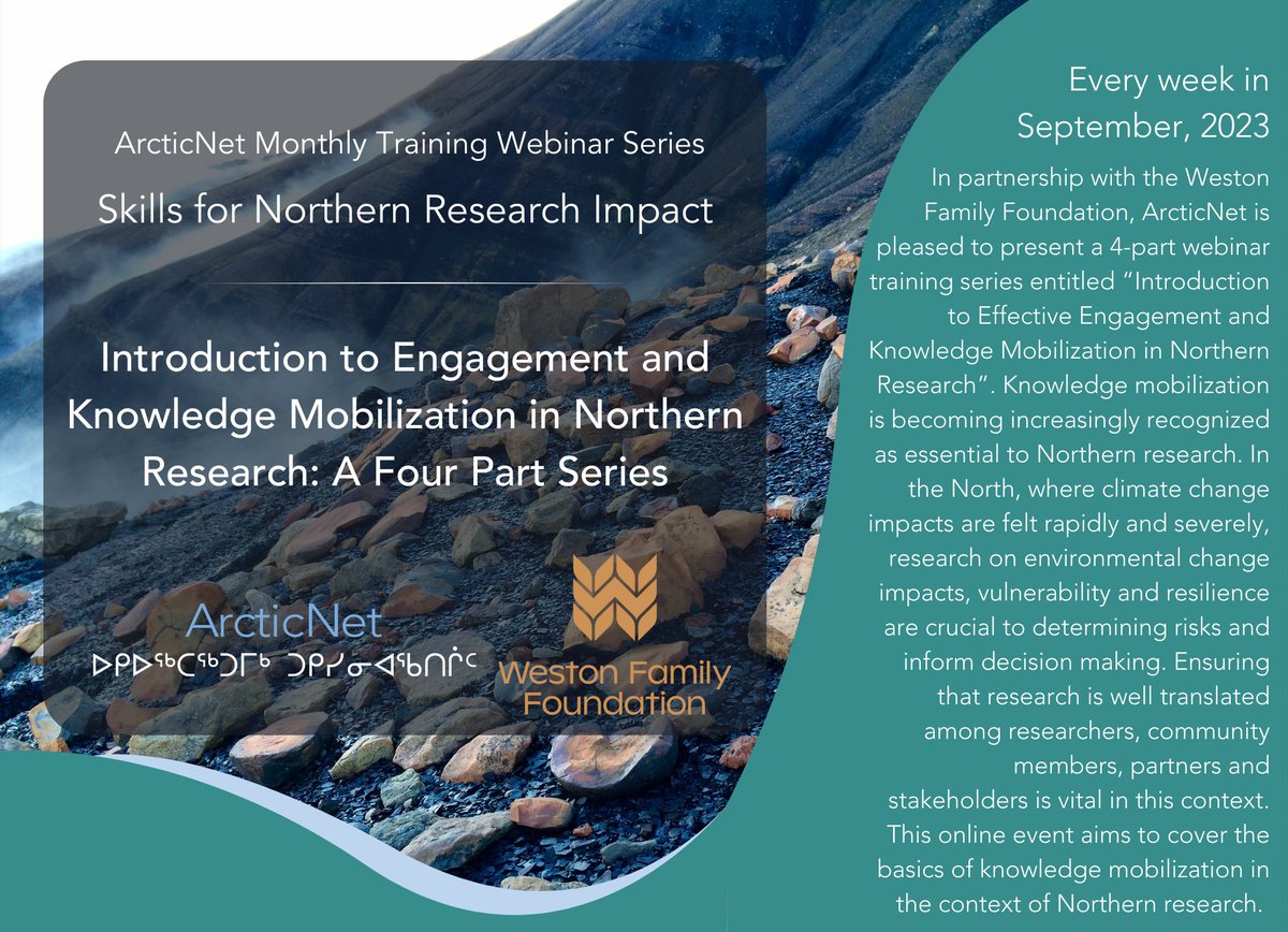 ArcticNet (@arcticnet) on Twitter photo We are thrilled to present a new virtual training opportunity “Introduction to Engagement and Knowledge Mobilization in Northern Research: A Four Part Series” in partnership with <a href="/WestonFamilyFdn/">Weston Family Foundation</a>. Stay tuned for speaker announcements, talk descriptions and registration details! We are thrilled to present a new virtual training opportunity “Introduction to Engagement and Knowledge Mobilization in Northern Research: A Four Part Series” in partnership with <a href="/WestonFamilyFdn/">Weston Family Foundation</a>. Stay tuned for speaker announcements, talk descriptions and registration details!