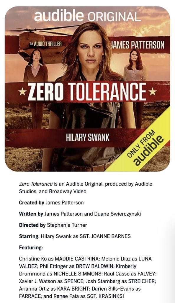 Excited to be part of this new audio drama, by James Patterson @JP_Books which will be released on @audible_com Aug 24th-starring Hilary Swank as SGT. Jo Barnes. I play SGT. Amy Krasinski. #narration #voiceover #audiobooks #audiothriller Pre-order here: audible.com/pd/B0CD8PJ51F?…
