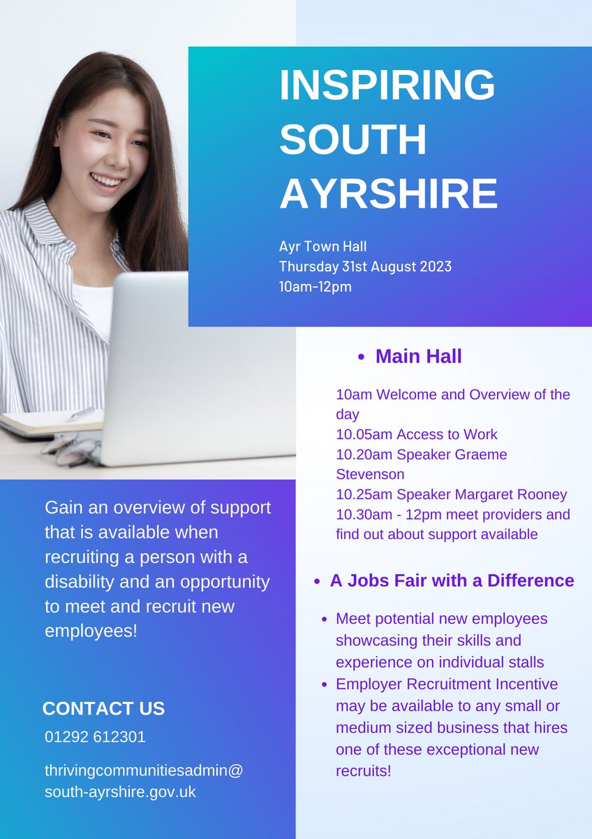 Thriving Communities Employability are hosting a Reverse Jobs Fair. 

📅Thursday 31st August 2023 
⏲️10am – 12noon 
📍   Ayr Town Hall

Looking for Employers with LIVE vacancies!

Please contact below 👇

📧  thrivingcommunitiesadmin@south-ayrshire.gov.uk
📲   01292 612301