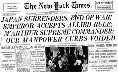 RealTimeWWII's tweet photo. Newspaper headlines around the world record on Allied victory in this World War &amp; celebrate V-J day. They've reported on the war for six years, less three weeks, ever since Germany invaded Poland on 1 September 1939. https://t.co/6taLKYv8Kn