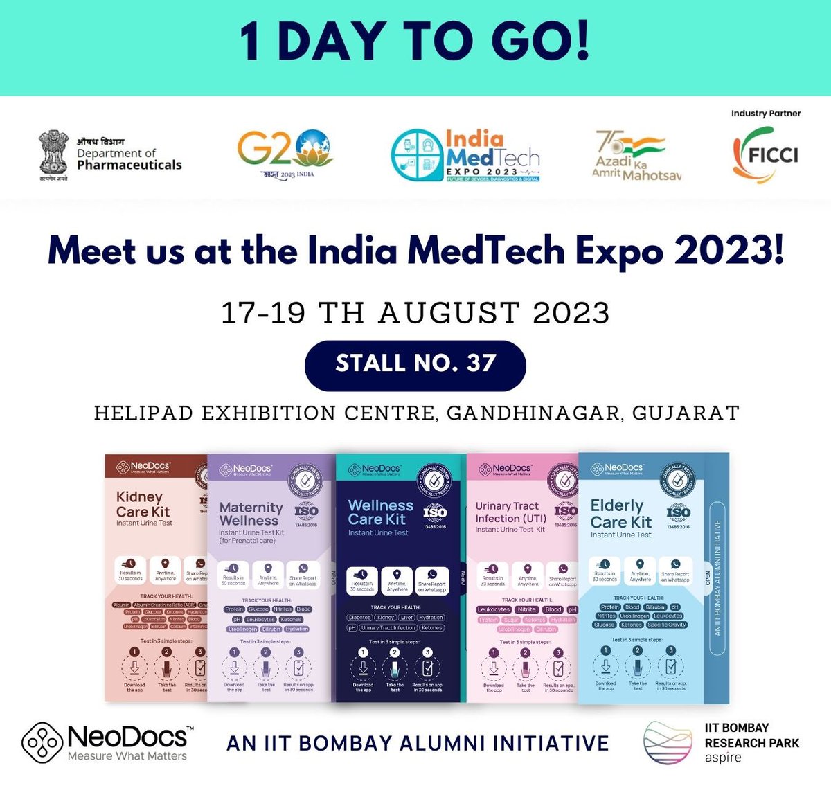 Tick-tock, the wait is nearly over! 🕒✨ 

NeoDocs is about to hit the stage at India #MedTech Expo 2023. Swing by Stall No. 37, Helipad Exhibition Centre, Gandhinagar, and let's dive into a future of healthcare that's brighter than ever! 

See you tomorrow!