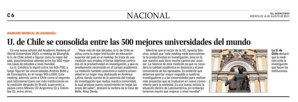 [UCHILE en la Prensa] Grandes noticias desde el Ranking de Shanghai ARWU 2023, porque la U. de Chile se consolida entre las 500 mejores universidades del mundo, como destaca <a href="/elmercurio_cl/">elmercurio_cl</a> hoy. Además, esto consolida a la Casa de Bello como el plantel nº1 del país.