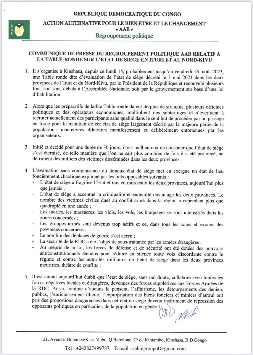 StanysBujakera's tweet photo. #RDC: « Si d'aventures, le gouvernement de la République avec ses affidés, s'entêtait à maintenir ce fameux état de siège ou le requalifier, le Regroupement politique AAB appelle toute la population congolaise en général et particulièrement les compatriotes de l'Ituri et du Nord à barrer laroute à ce régime qui n'a d'autres alternatives à gérer la République par défis. Il est désormais temps d'imposer une gouvernance responsable capable de mettre en place des mécanismes efficaces qui prendront en compte les paramètres sécuritaires de notre pays », [Communiqué]