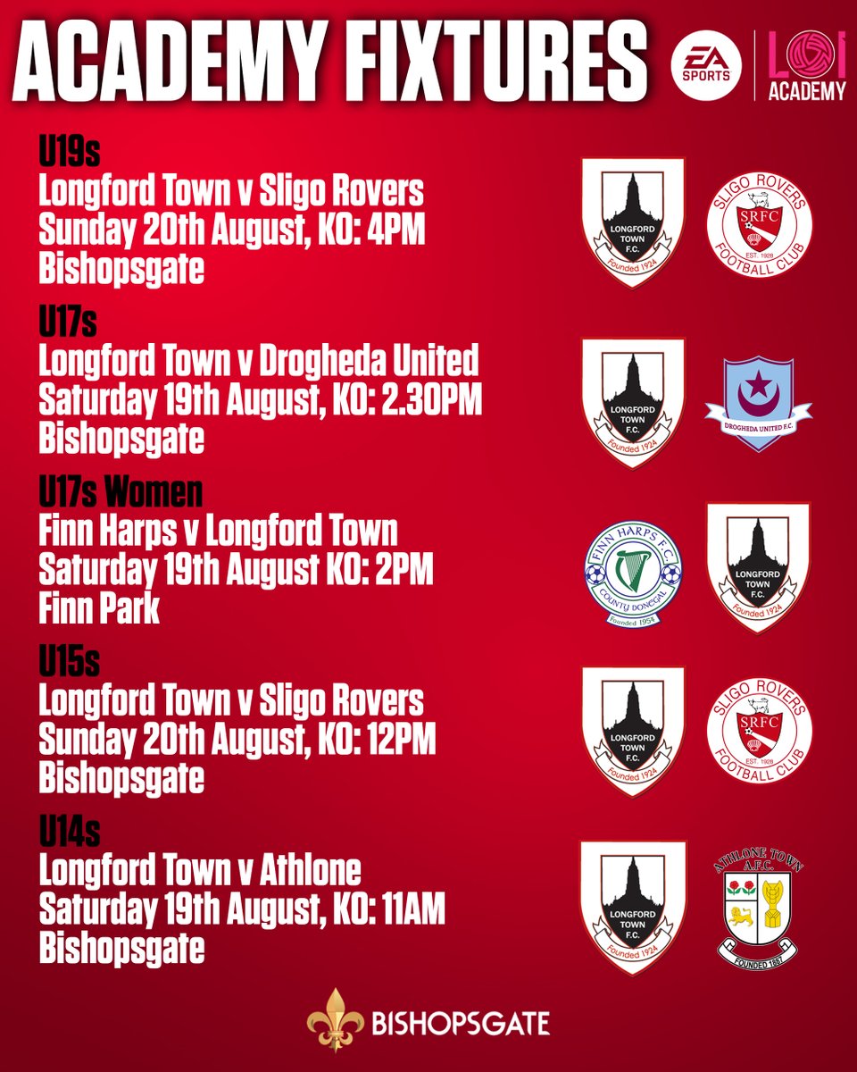 𝘼𝙘𝙖𝙙𝙚𝙢𝙮 𝙁𝙞𝙭𝙩𝙪𝙧𝙚𝙨 | 🔴⚫️

Lots of action to see at Bishopsgate as only our U17 women are away this weekend with our U14, U15, U17 and U19 sides all due to play at home over the two days. 💪🏻

<a href="/LongfordClub/">Longford Town Football Club Academy</a>

#Town2023 | #LTFC | #CmonDeTown
