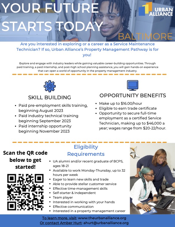 Urban Alliance is looking for talented Baltimore residents to enroll in an upcoming Property Management Pathway training course! 🛠

Become a Service Maintenance Technician through paid industry technical training beginning in September 2023.

Apply ➡️ bit.ly/smtapply