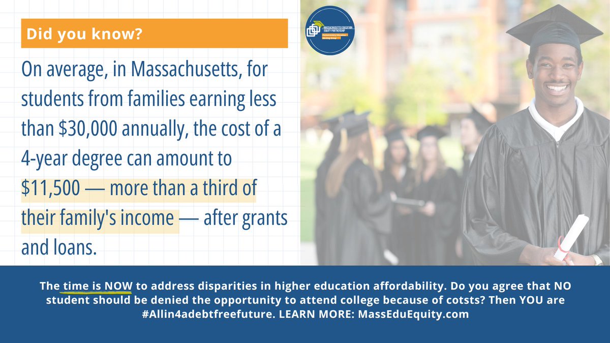 MassEduEquity's tweet image. #DidYouKnow that affordability is one of the most significant barriers to attaining a degree in #MA – but it doesn't have to be that way. Check out our new toolkit w/ resources to support policy changes that ensure we're #Allin4aDebtFreeFuture

Learn more: bit.ly/MEEPHigherEd