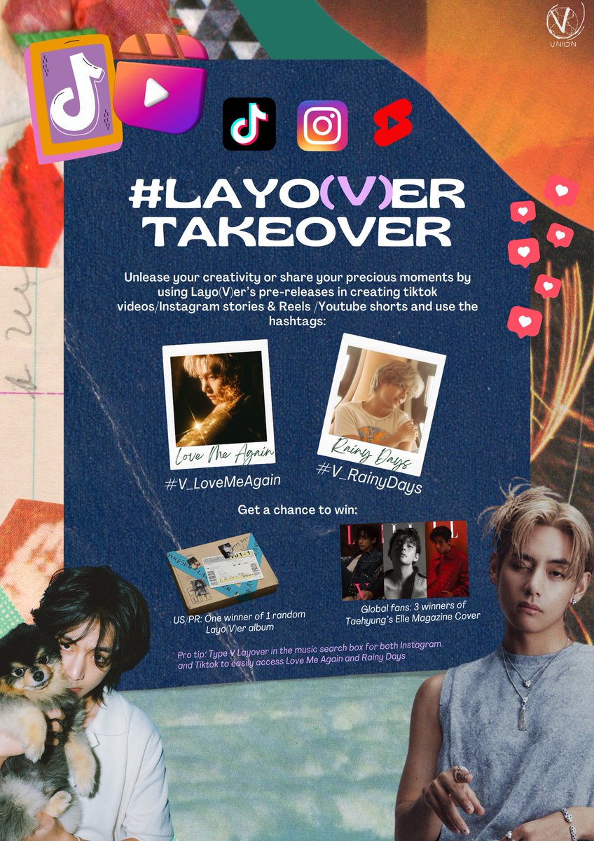VGlobalUnion's tweet image. LAYOVER TAKEOVER ✧ Unleash your creativity while using the official #LoveMeAgain or #RainyDays sound on TikTok &amp;amp; Instagram ♡

Link your video below and reply with your country's flag &amp;amp; the tags for a chance to WIN a copy of LAYOꪜER or Taehyung's ELLE coꪜer! #LayoꪜerTakeoꪜer