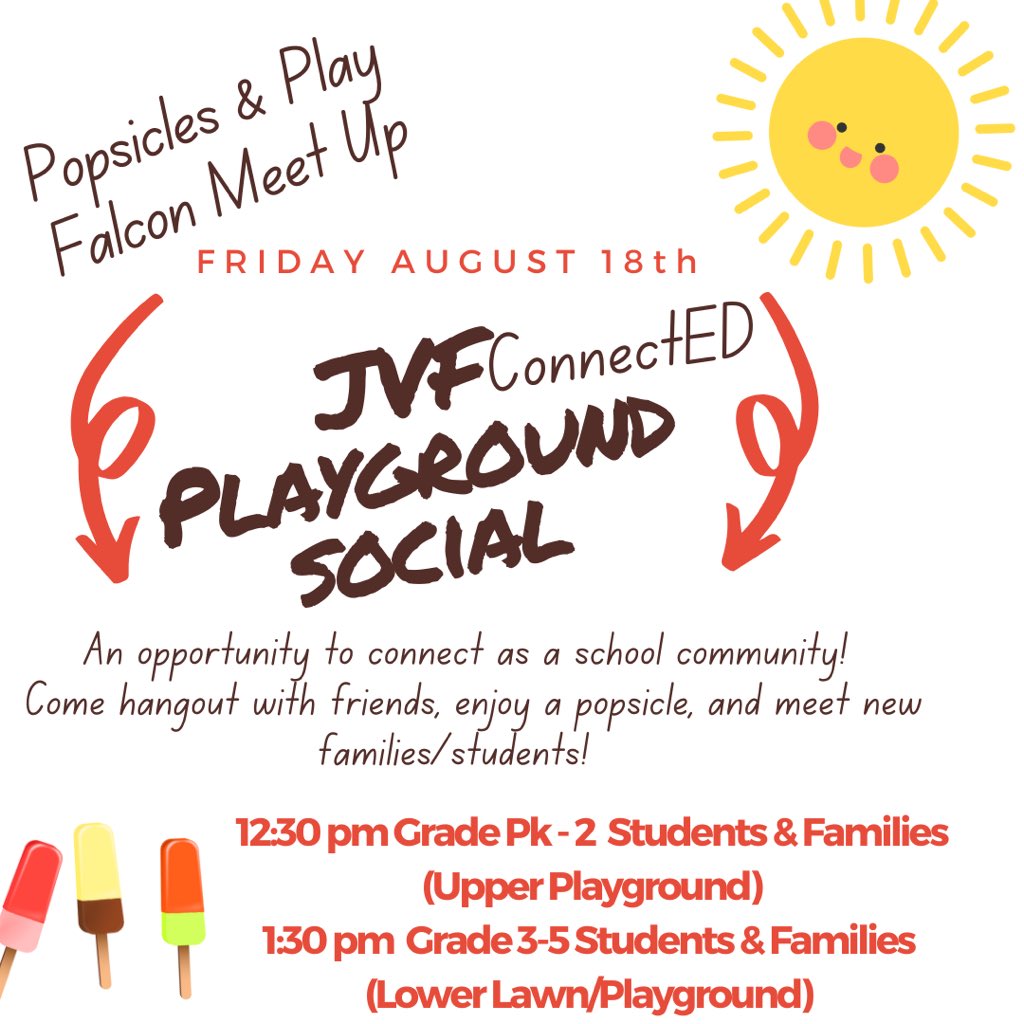 MsSessoms's tweet photo. 📣 Friday 8.18 Popsicles &amp; Play Social @JVFElementary @jvfptso #JVFConnectED 

Meet you on the playground and lawn area at Forrestal this Friday for time to reconnect with familiar friends and meet new friends as we make our way into the 23-24 school year 🏫 https://t.co/EgKikGOPrY