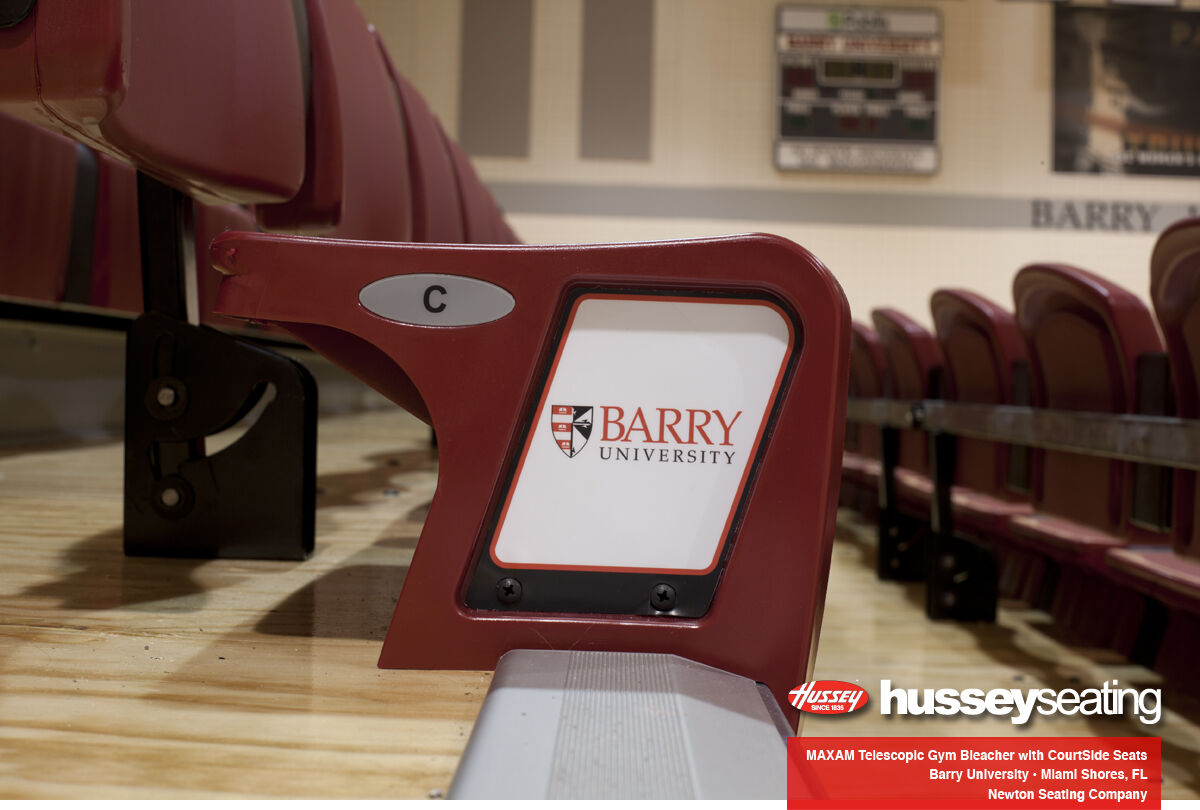 husseyseating's tweet photo. These telescopic gym bleachers at @BarryUniversity pack a punch! The school chose CourtSide XC10 seats - some with backrests, some without - media platform, custom graphic end curtains, and CourtSign logos.
#collegebasketball #bleachers #telescopicseating #retractableseating https://t.co/EsHfcEzbO7