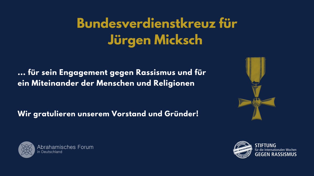 Unserem Stiftungsgründer und Vorstand Dr. Jürgen Micksch wurde das #Verdienstkreuz 1. Klasse vom Bundespräsidenten #Steinmeier verliehen. Er erhielt die Ehrung heute in Wiesbaden.
Micksch hat neben der Stiftung gegen Rassismus auch <a href="/ProAsyl/">PRO ASYL</a>  und das #AbrahamischeForum gegründet.