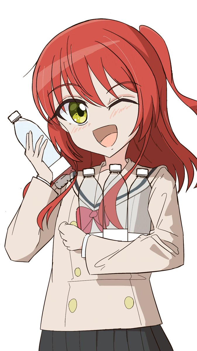 1girl solo red hair school uniform bottle one eye closed white background  illustration images