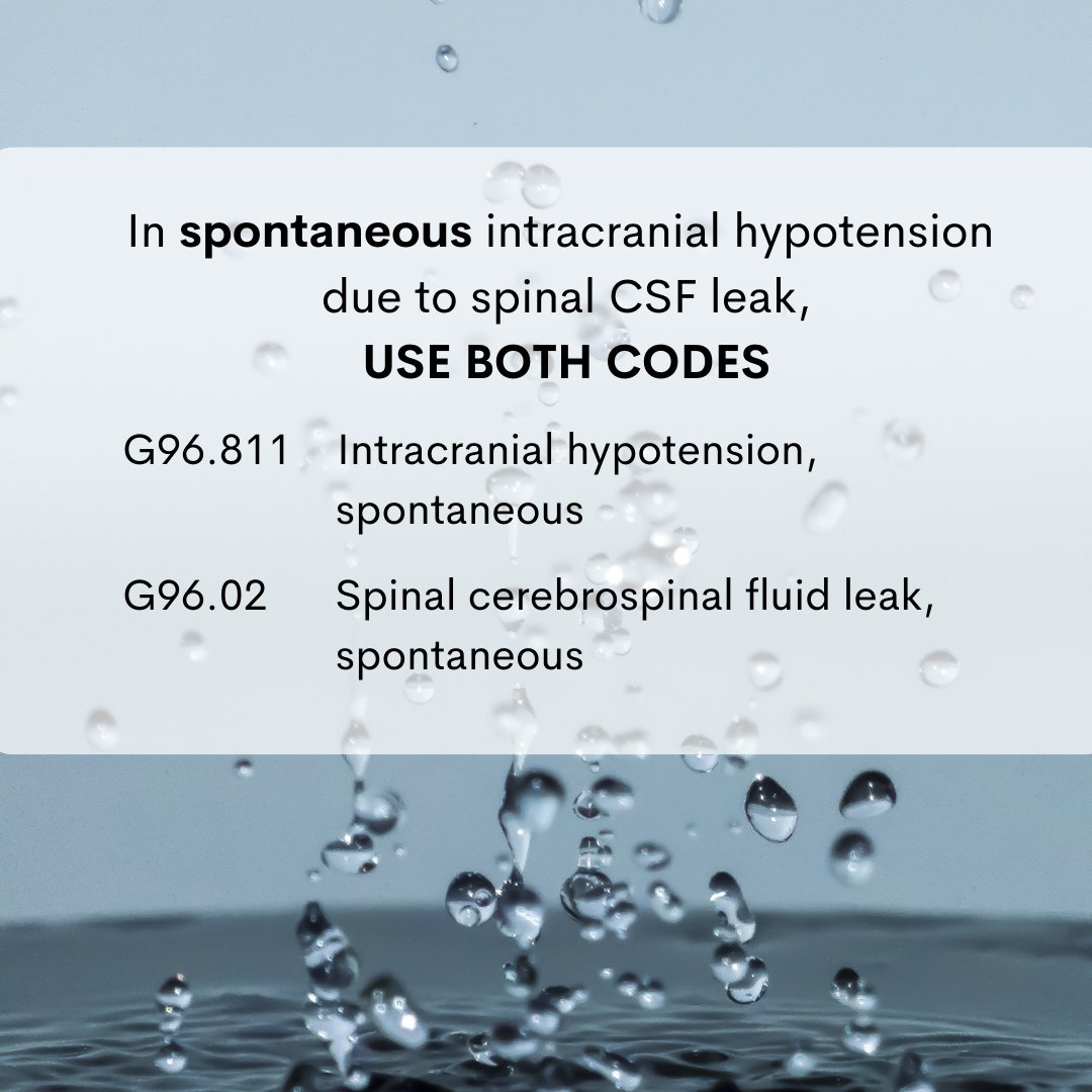 ConnieDelineMD's tweet image. Are you Dx coding intracranial hypotension due to #spinalCSFleak correctly?
For SPONTANEOUS cases, use *BOTH* G96.811 for #SIH *AND* G96.02 for spontaneous #spinalCSFleak
1/5