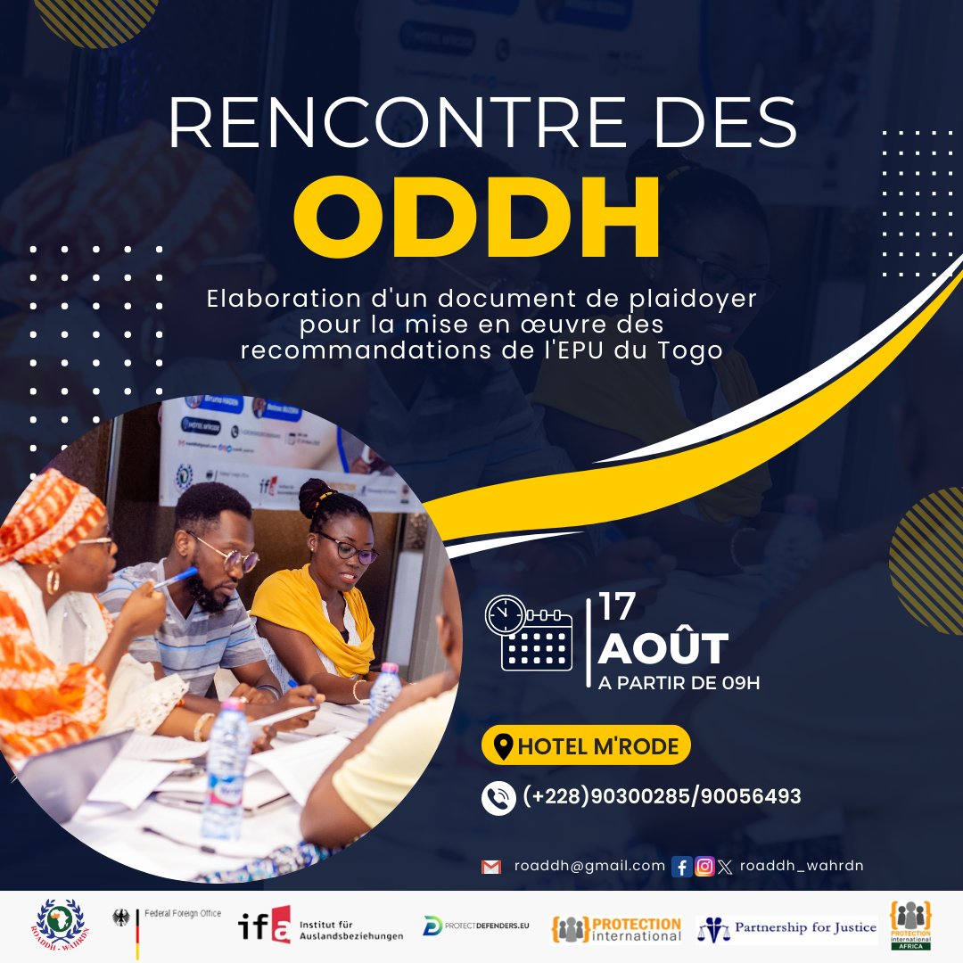 RENCONTRE DES ORGANISATIONS DE DEFENSE DES DROITS DE L’HOMME (ODDH)

#roaddh #espacecivique #paix #consolidationdelapaix #droitshumains #defenseursdesdroitshumains #oddh #rencontreoddh #togo