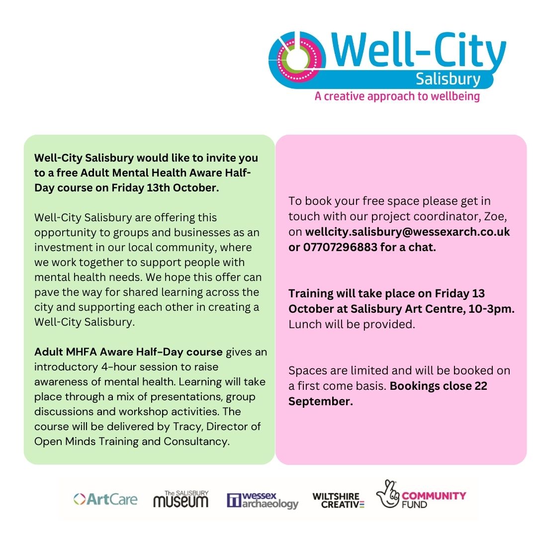 Are you a local group or business that supports members of our community with mental health needs?
  
We are offering a free adult mental health aware half-day course on Friday 13 October to pave the way for shared learning across the city.

More information can be found below👇