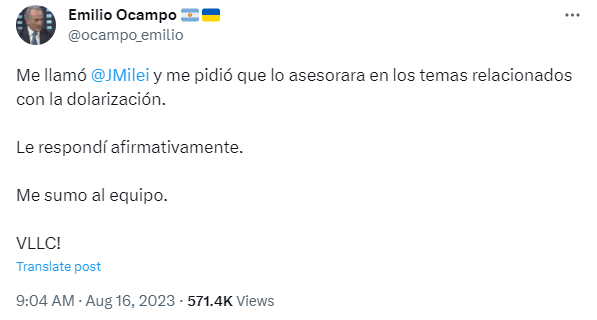 En marcha el plan de Ocampo y Milei. Téngase presente que las opciones para dolarizar hoy son: 1) confiscación de los pesos por tipo de conversión altísimo a USD; 2) hiperinflación licuadora total fabricada antes de la conversión de pesos a USD. Va a ser muy divertido, señores.
